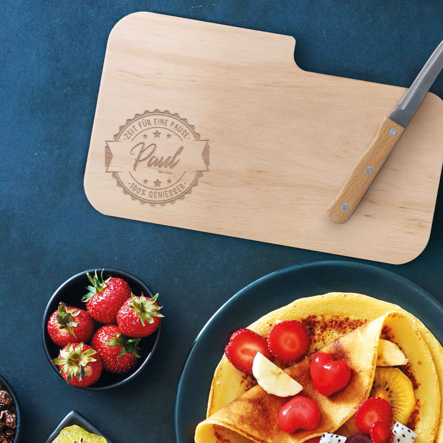 Frühstücksbrettchen mit Gravur - Inklusive Messer - Zeit für eine Pause - Personalisiert mit Namen