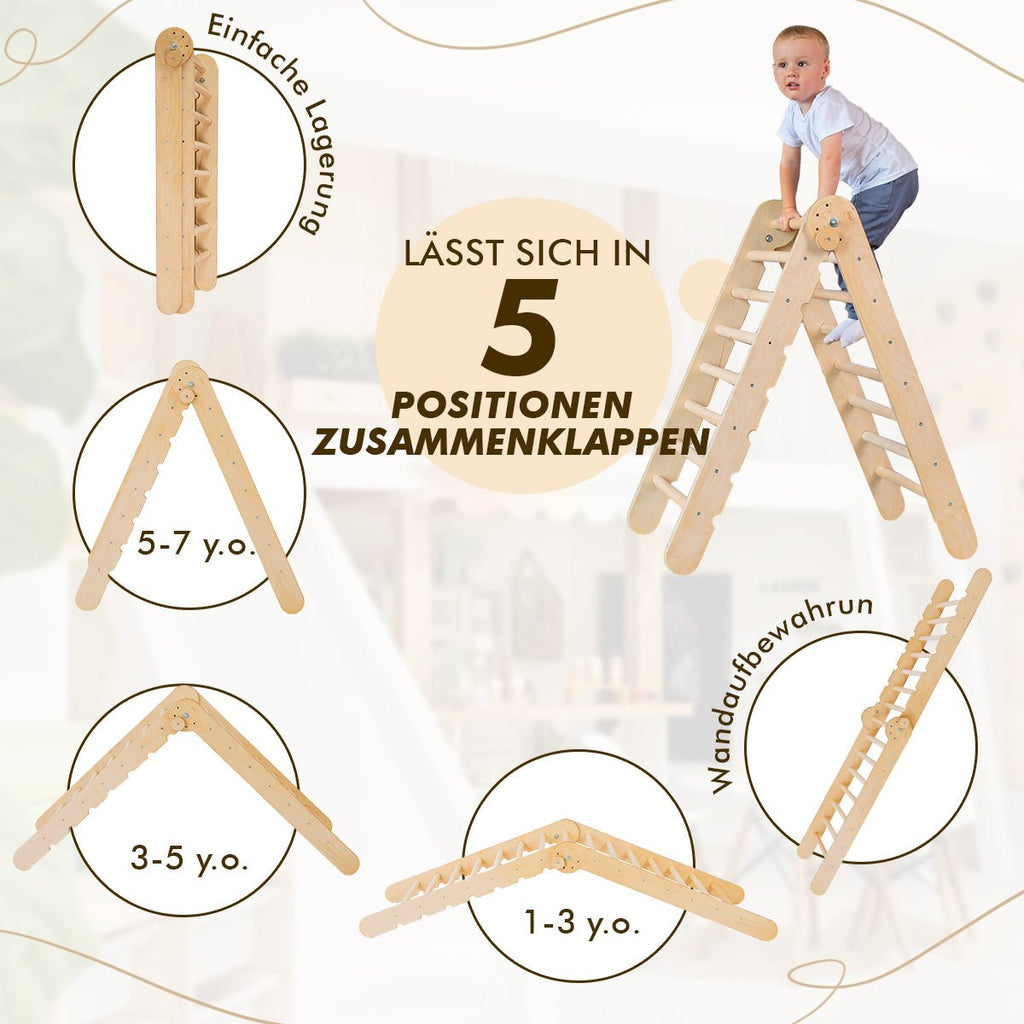 5in1 Montessori Klettergerüst Set: Kletterdreieck + Kletterbogen mit Kissen + Kletternetz und Rutsche für Kinder 1-7 Jahre – Schokolade