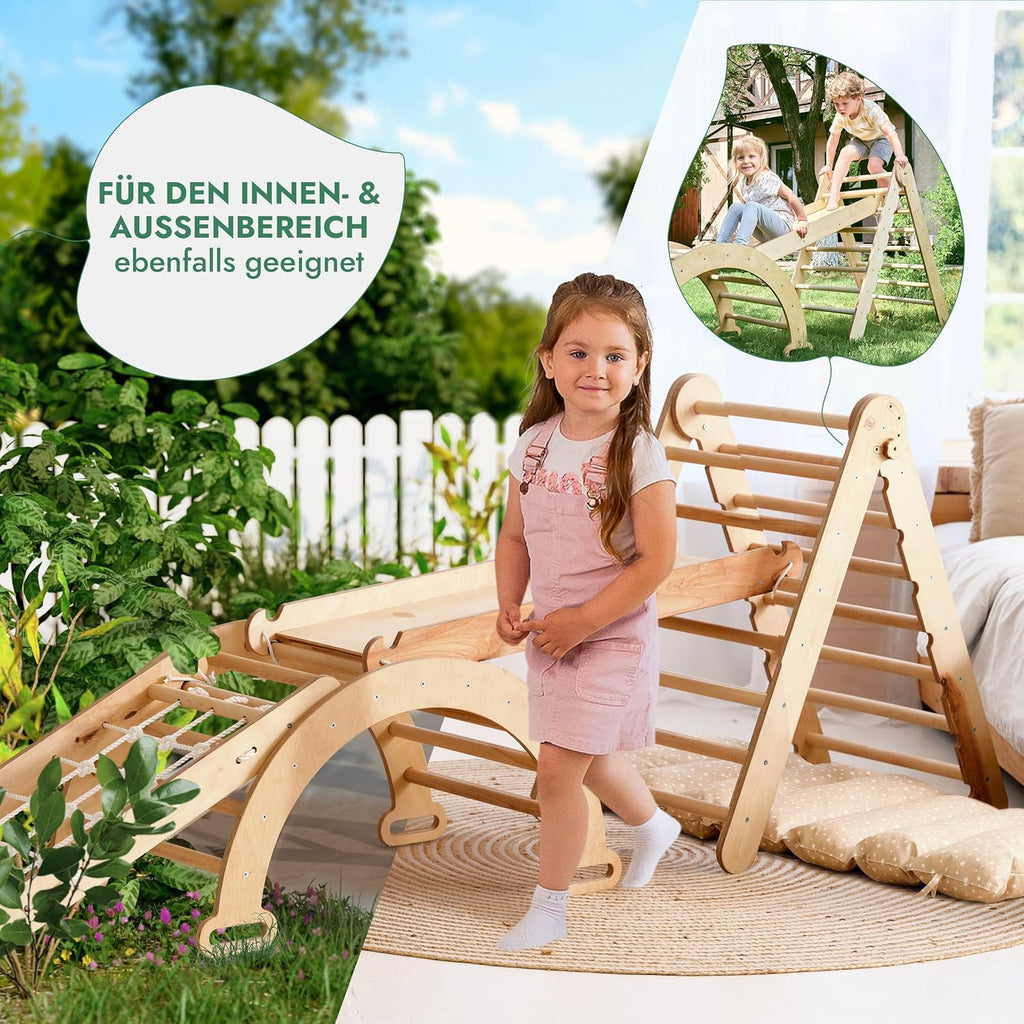 5in1 Montessori Klettergerüst Set: Kletterdreieck mit Rutsche, Kletterbogen, Kletternetz und Kissen, für Kinder 1-7 Jahre – Beige