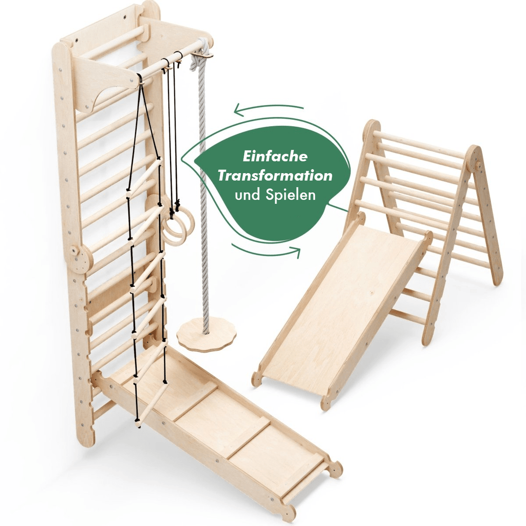 6in1 Kletterwand Indoor: Sprossenwand, Gymnastikringe, Hängende Leiter, Disc-Schaukel, Rutsche und Klimmzugstange für Kinder