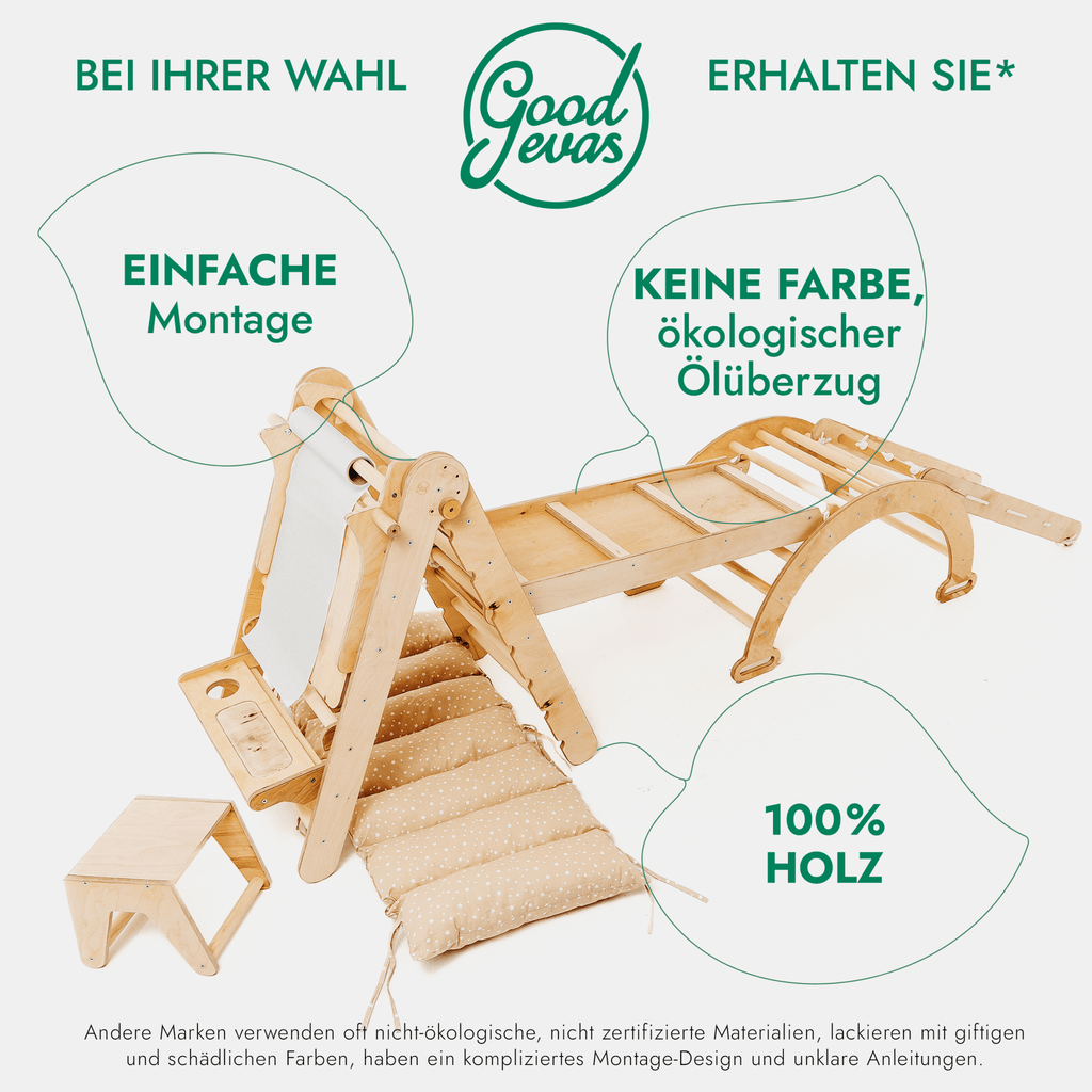 7in1 Montessori Klettergerüst Set: Kletterdreieck, Kletterbogen mit Kissen, Rutsche, Kletternetz, Maltafel und Kinderstuhl, für Kinder 1-7 Jahre – Beige
