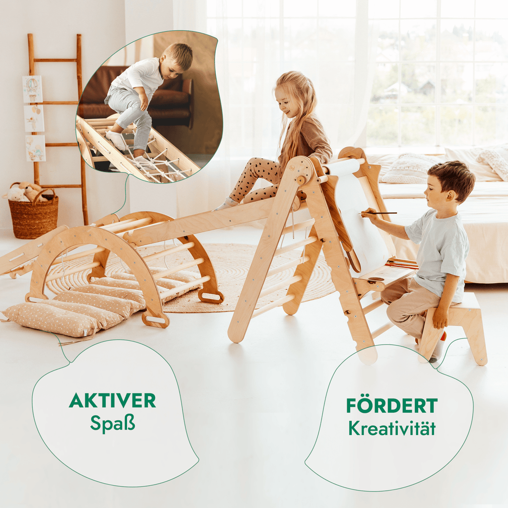 7in1 Montessori Klettergerüst Set: Kletterdreieck, Kletterbogen mit Kissen, Rutsche, Kletternetz, Maltafel und Kinderstuhl, für Kinder 1-7 Jahre – Beige