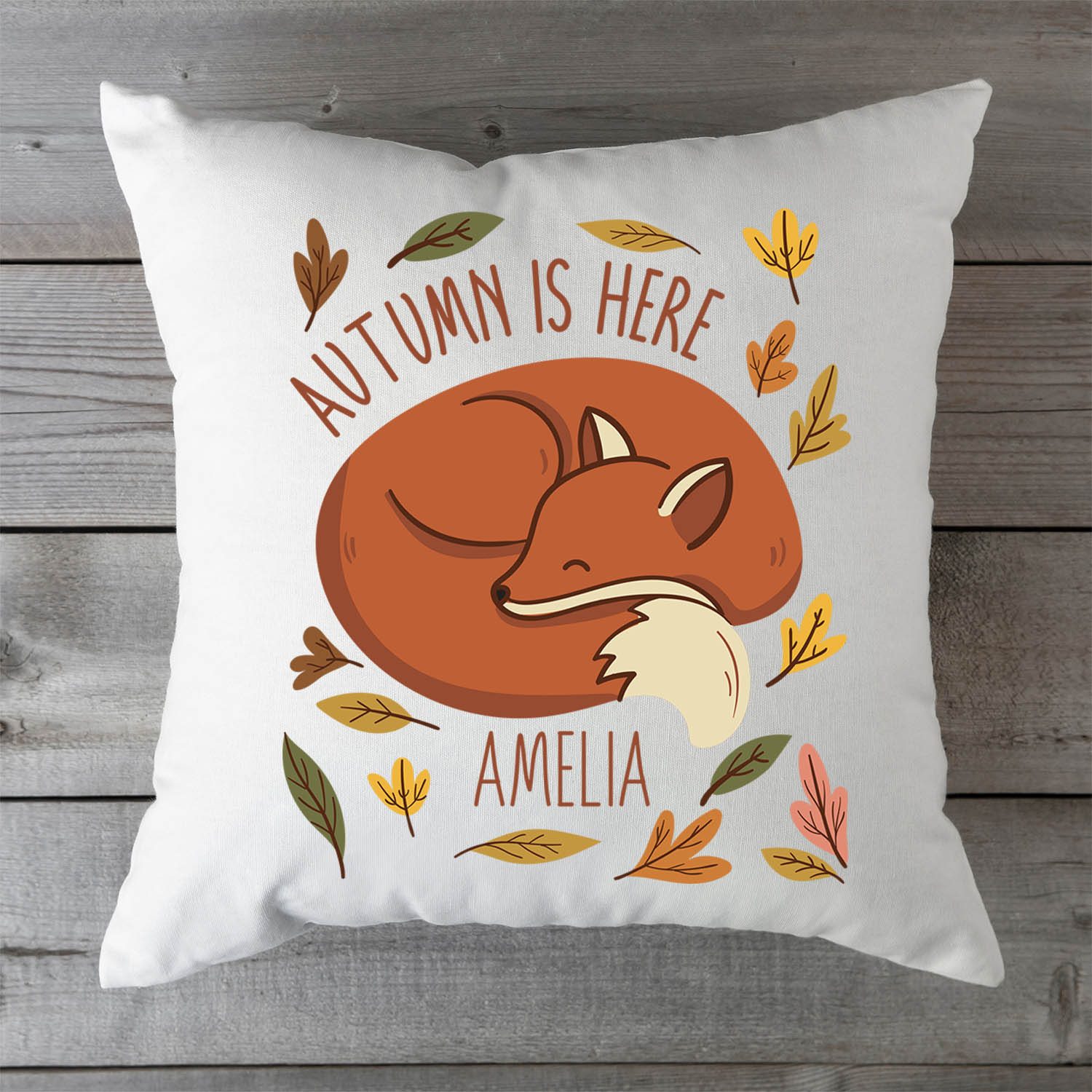 Bedrucktes Kissen mit Spruch Autumn is here mit Wunschname