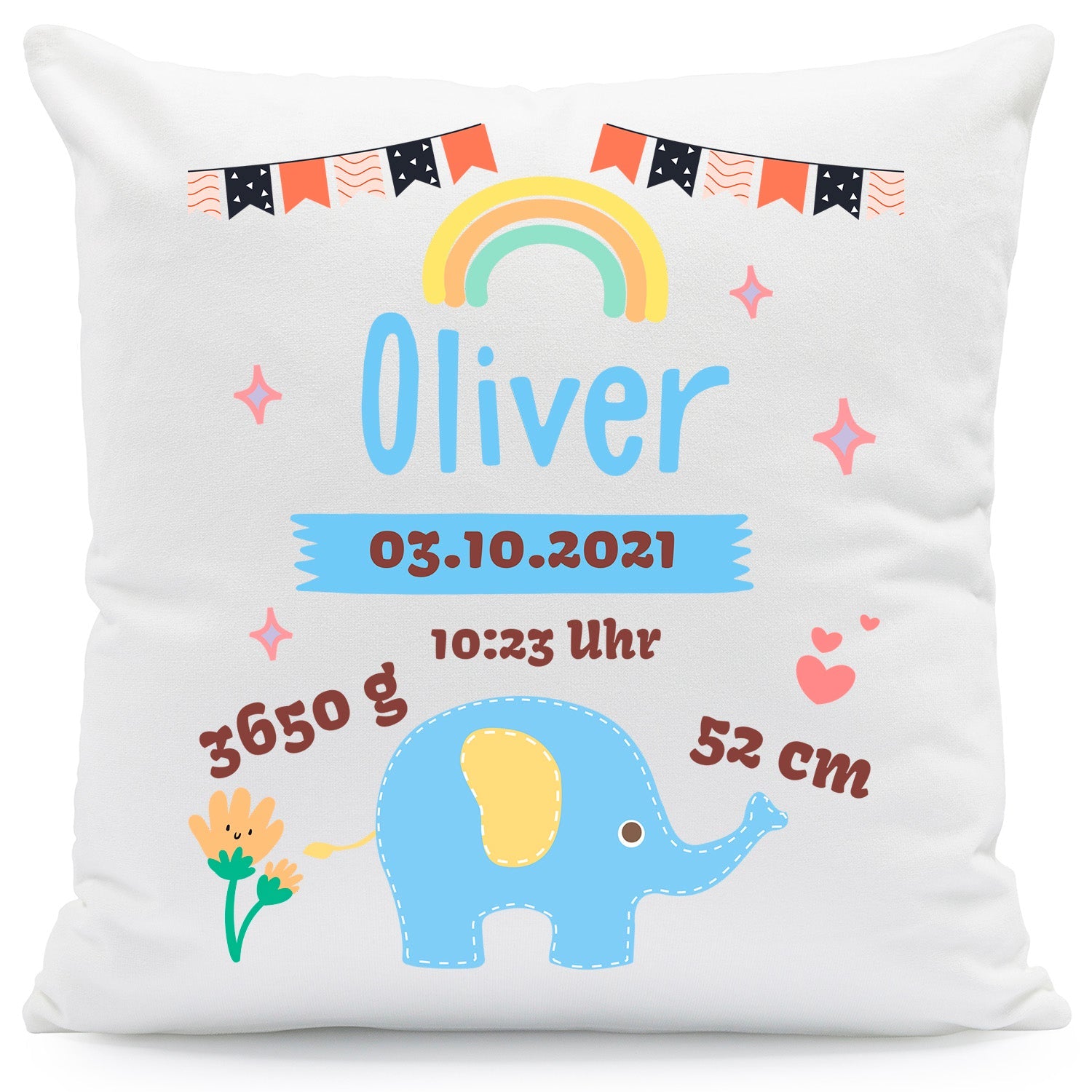 Bedrucktes Kissen mit Babydaten und Elefant