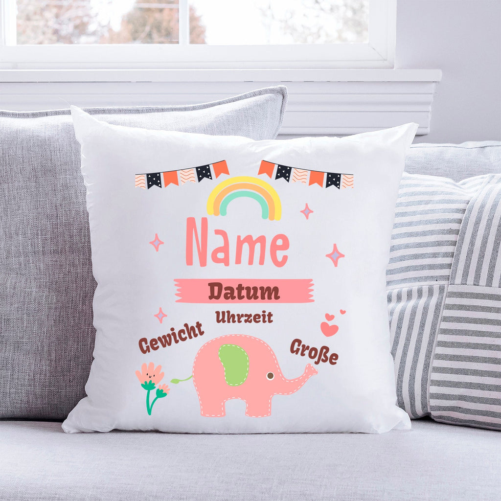 Bedrucktes Kissen mit Babydaten und Elefant