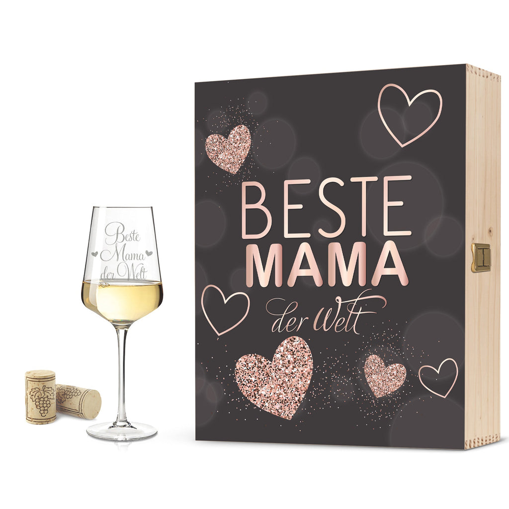 Leonardo Puccini Weißweinglas Beste Mama der Welt inkl. bedruckter Holzkiste + Riesling Tandem