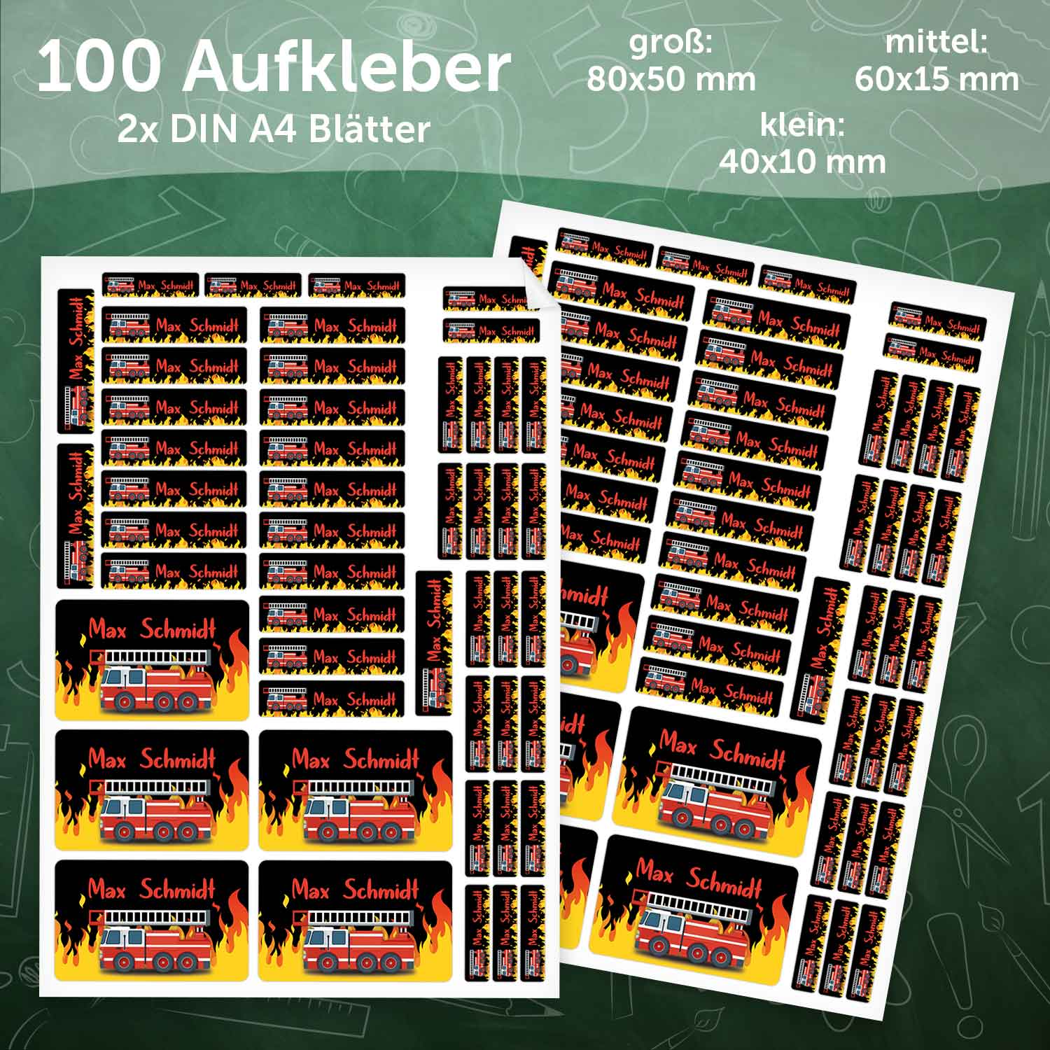 Schuletiketten mit Namen - Feuerwehr Design - 100 Aufkleber in verschiedenen Größen