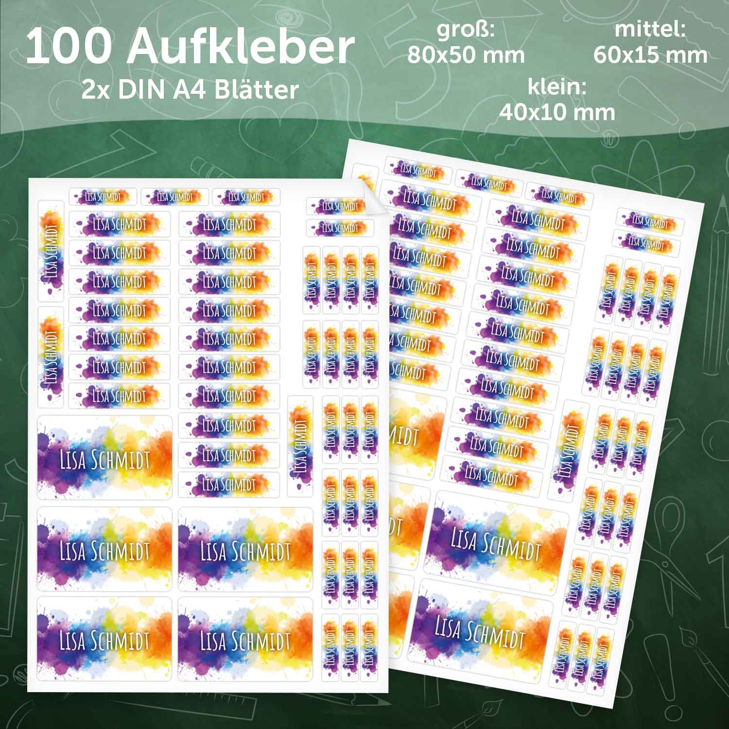 Schuletiketten mit Namen - Color Splash Design - 100 Aufkleber in verschiedenen Größen