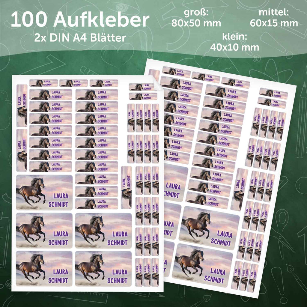 Schuletiketten mit Namen - Pferd Design - 100 Aufkleber in verschiedenen Größen