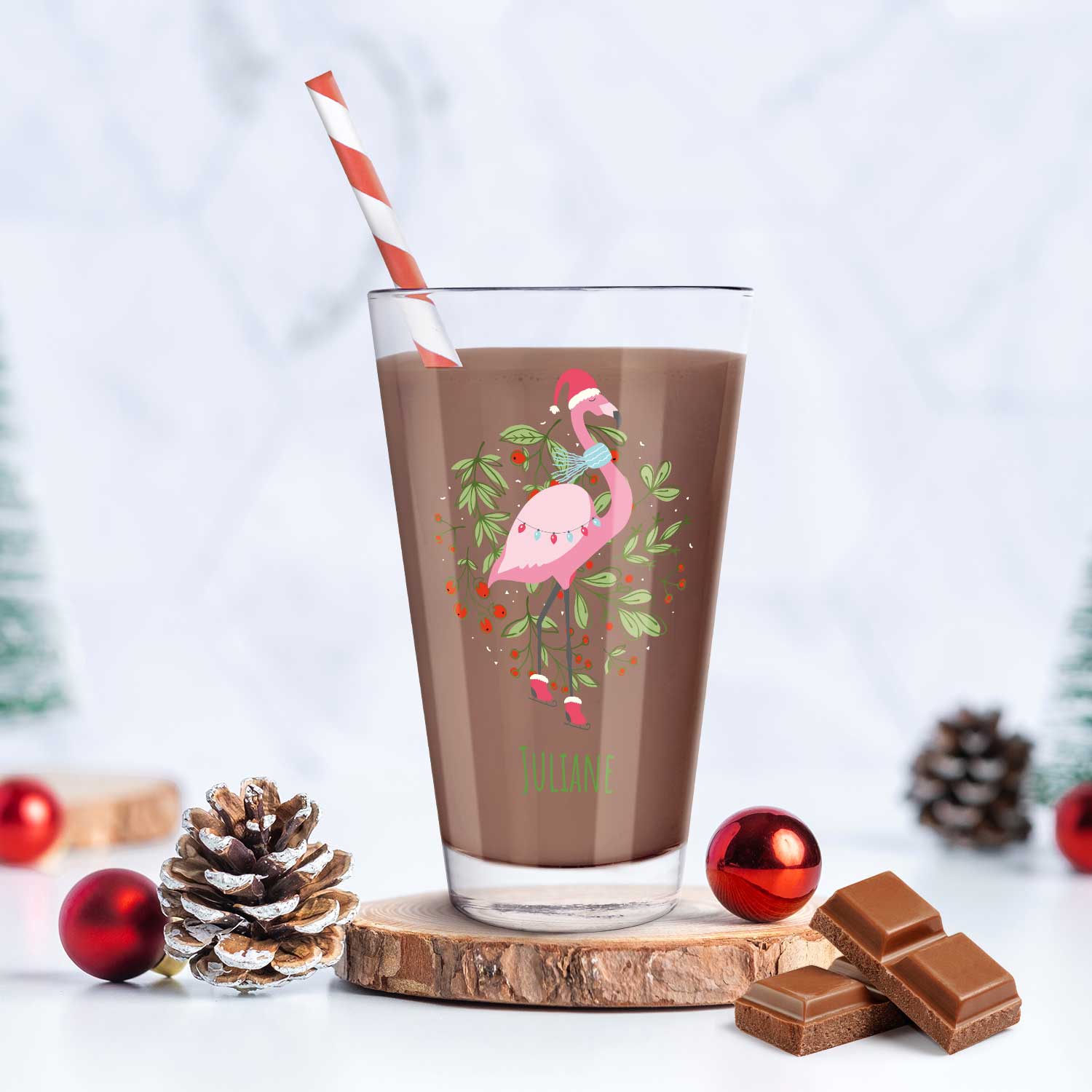 Leonardo Wasserglas mit UV-Druck - Winterflamingo Motiv - zu Weihnachten - Personalisiert mit Name