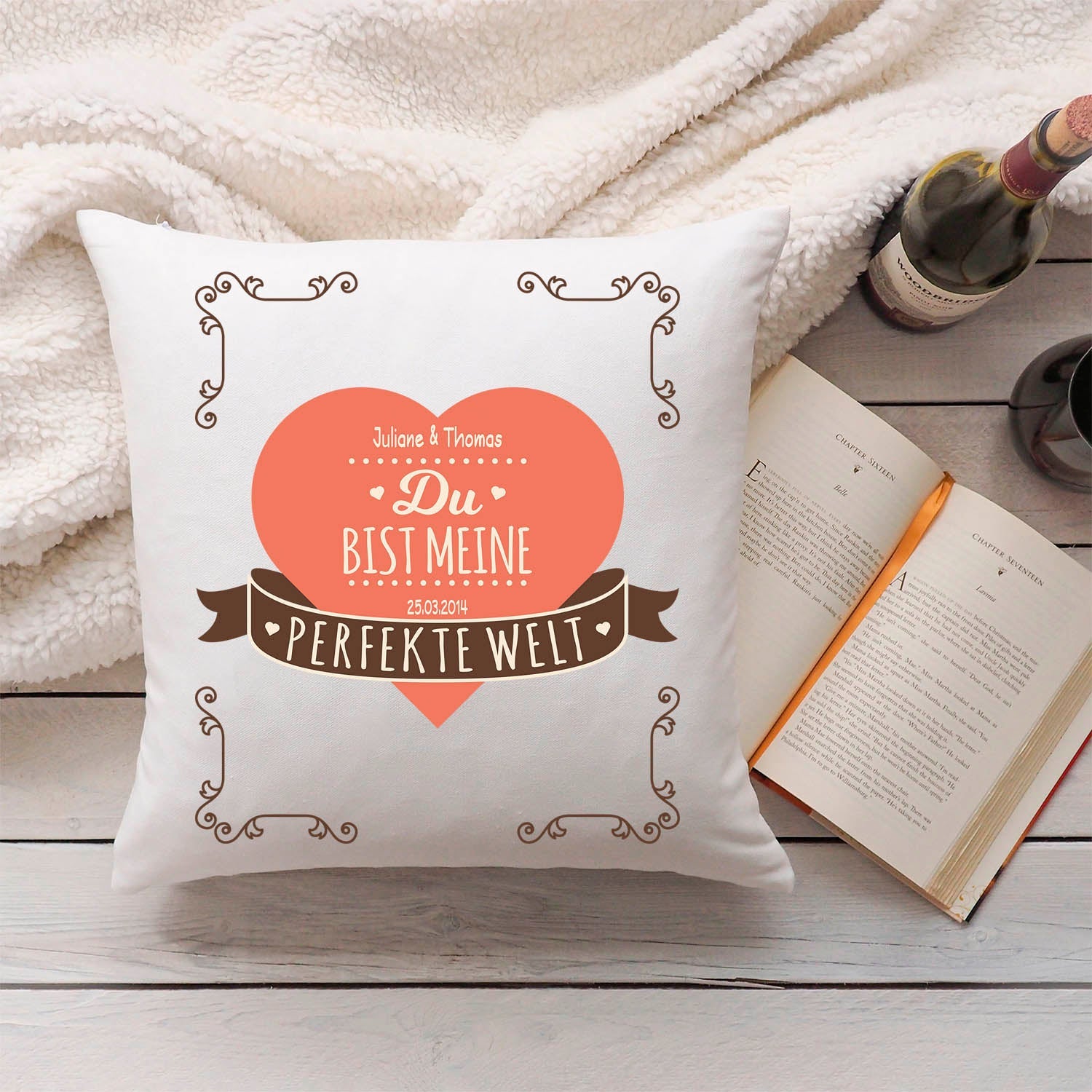 Bedrucktes Kissen mit Motiv Du bist meine perfekte Welt