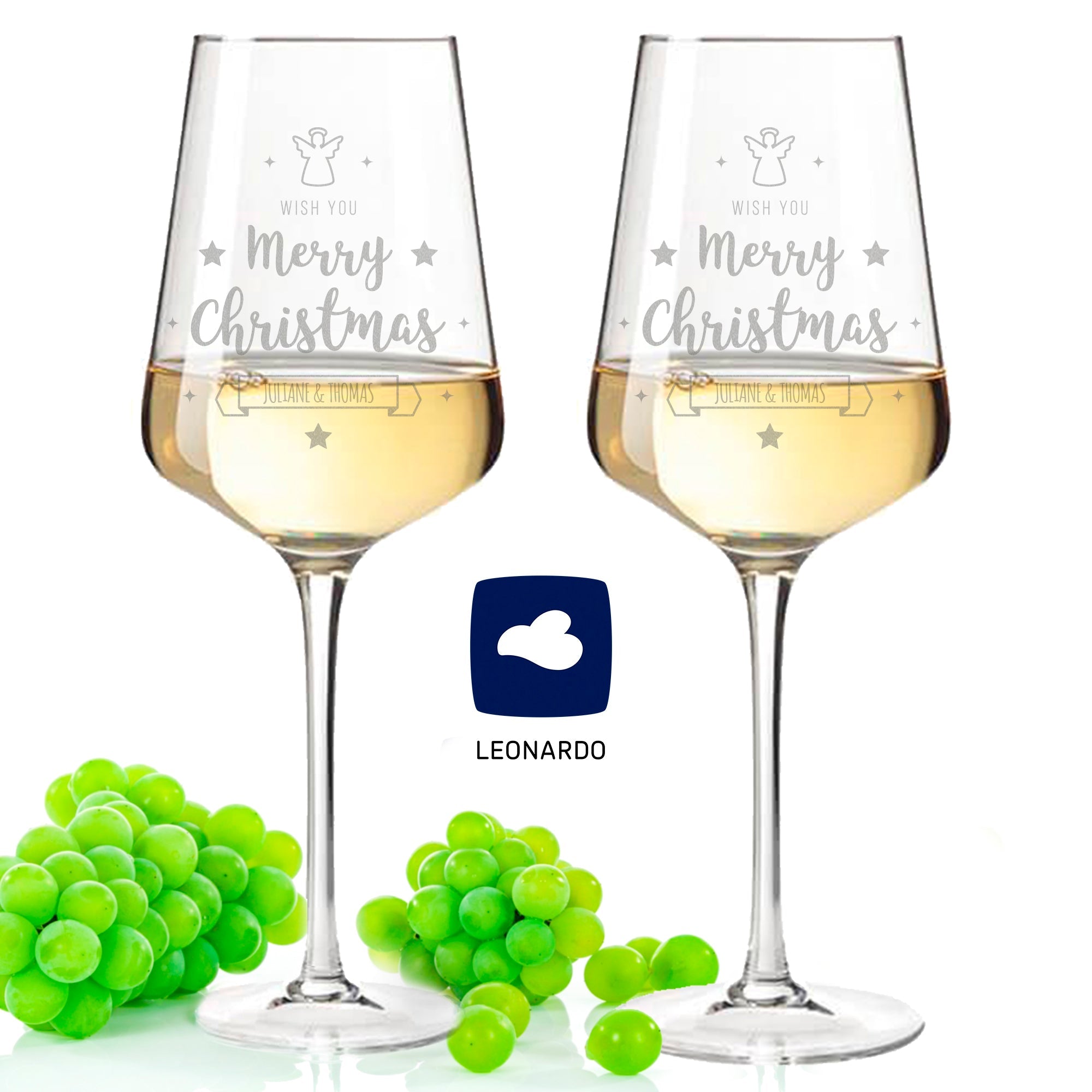 Leonardo Puccini Weißweingläser mit Gravur im "Most wonderful Wine" Design als Set inkl. Holzkiste