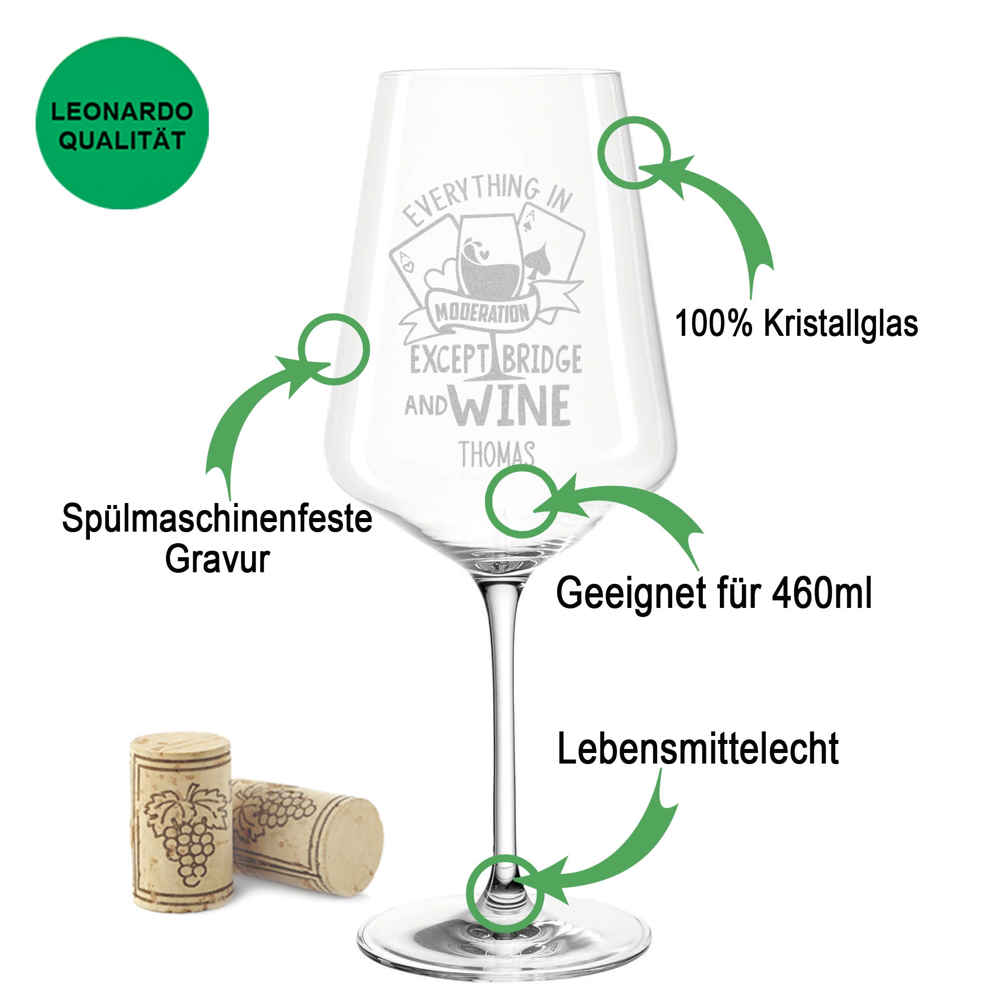 Leonardo Weinglas mit Gravur "Everything in moderation except Bridge and Wine"