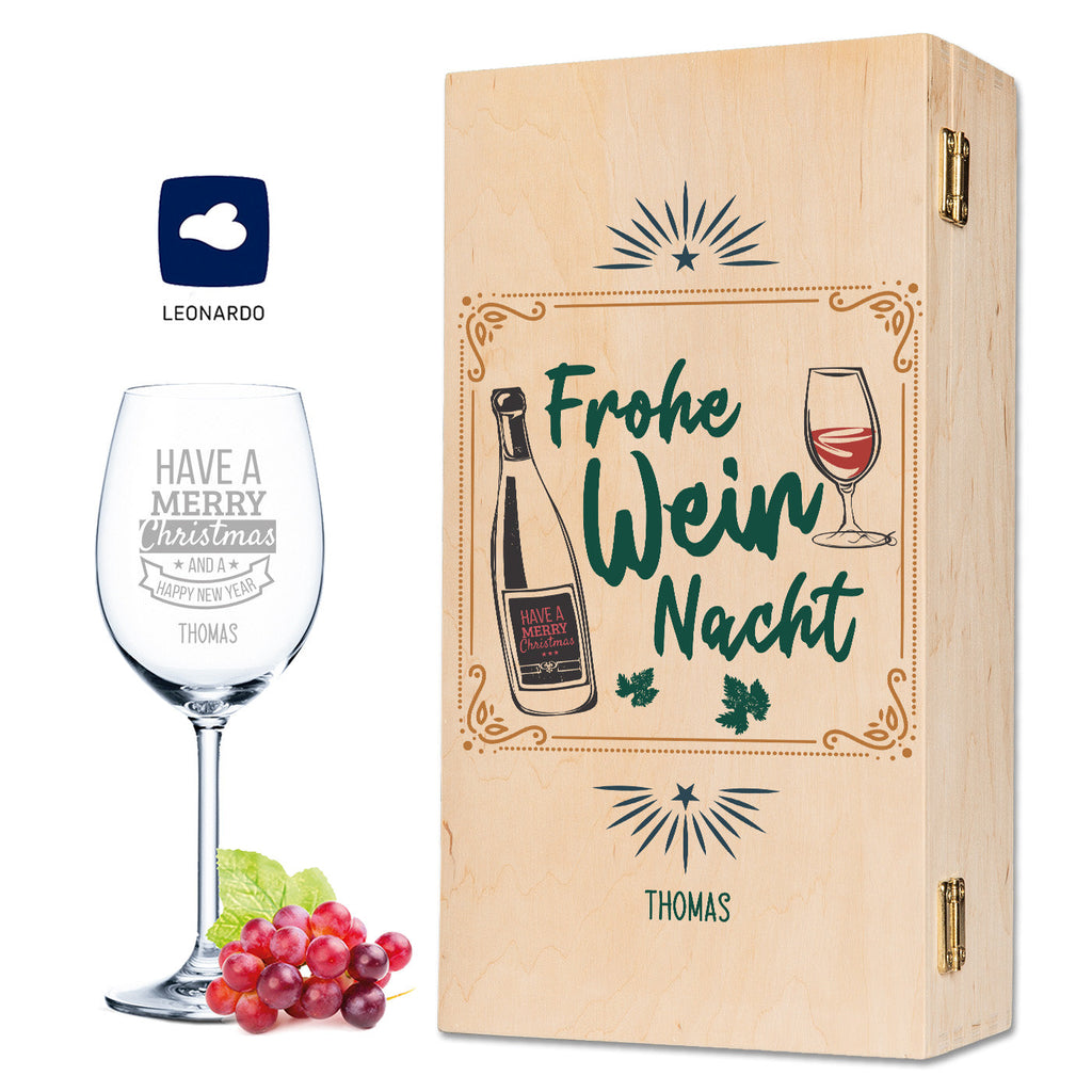 Leonardo Weinglas mit Gravur im "Frohe Wein Nacht" Design inkl. Holzkiste