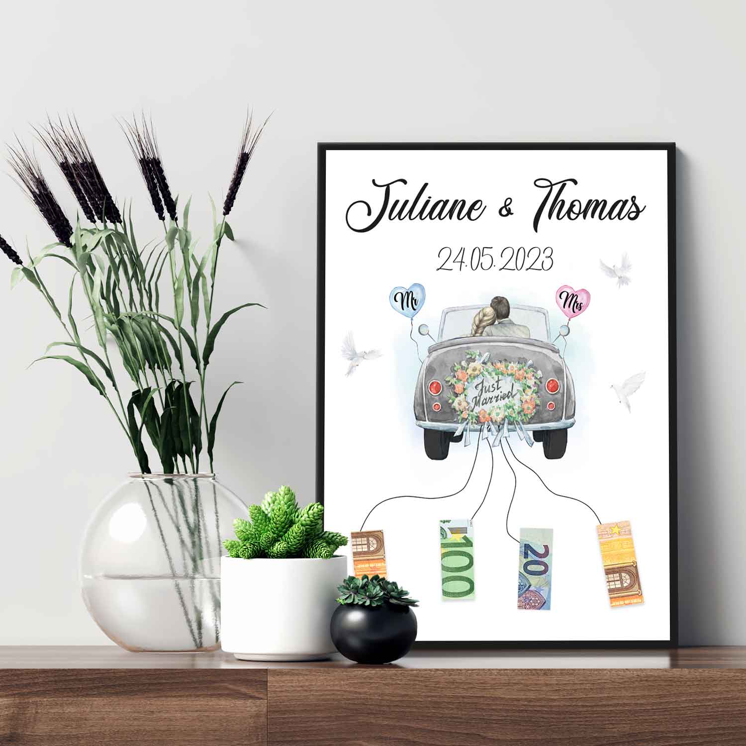 Hochzeitsgeschenk für das Brautpaar - Kunstdruck auf Holz - Personalisiert mit Namen & Datum