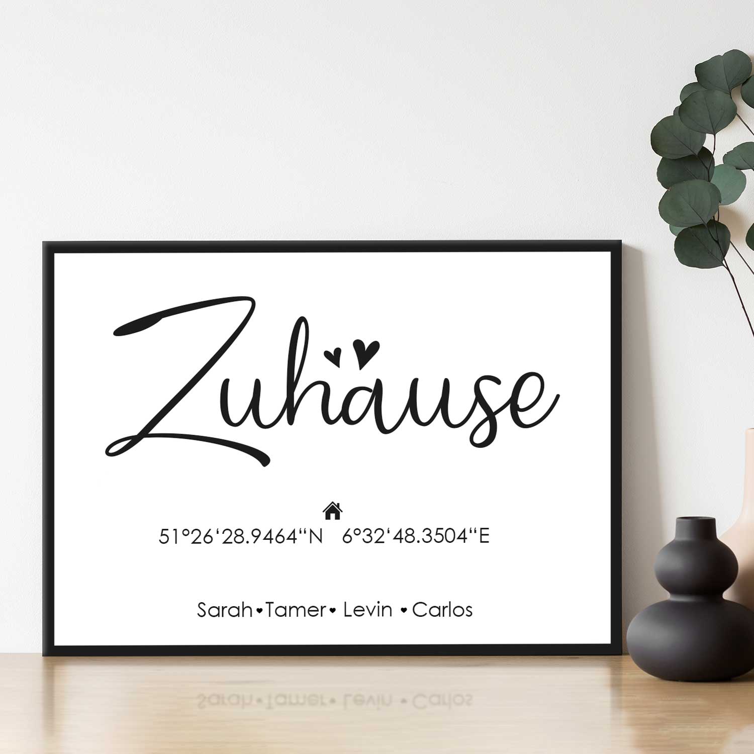 Holzschild Motiv Zuhause mit Namen & Koordinaten