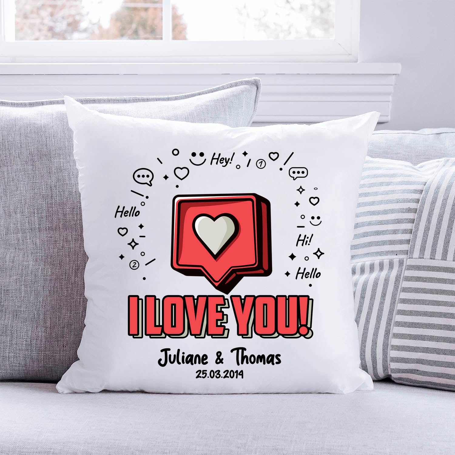 Bedrucktes Kissen mit Motiv I Love You Herz