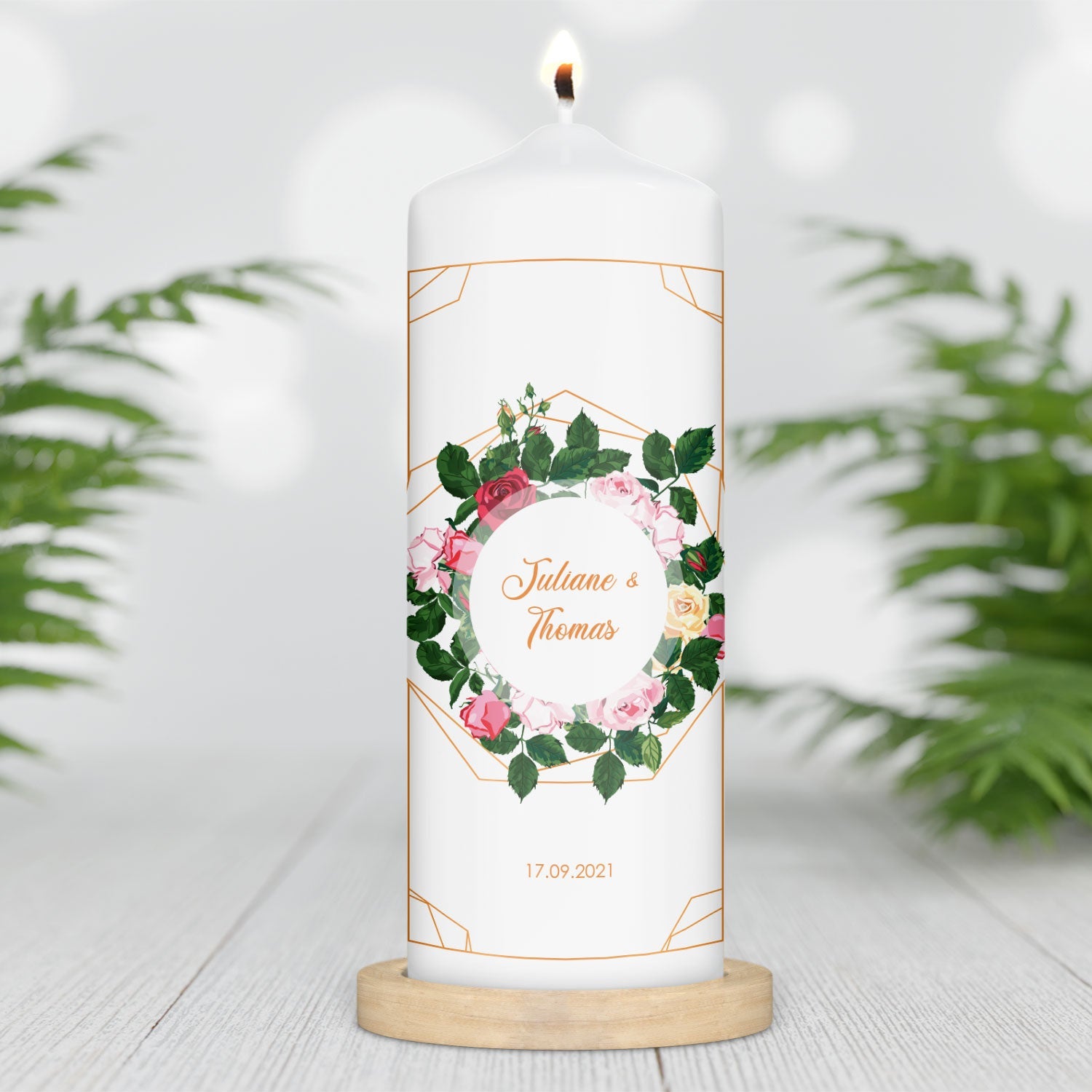 Große Kerze "Rosen" - Hochzeitskerze mit Namen, Datum & Wunschtext