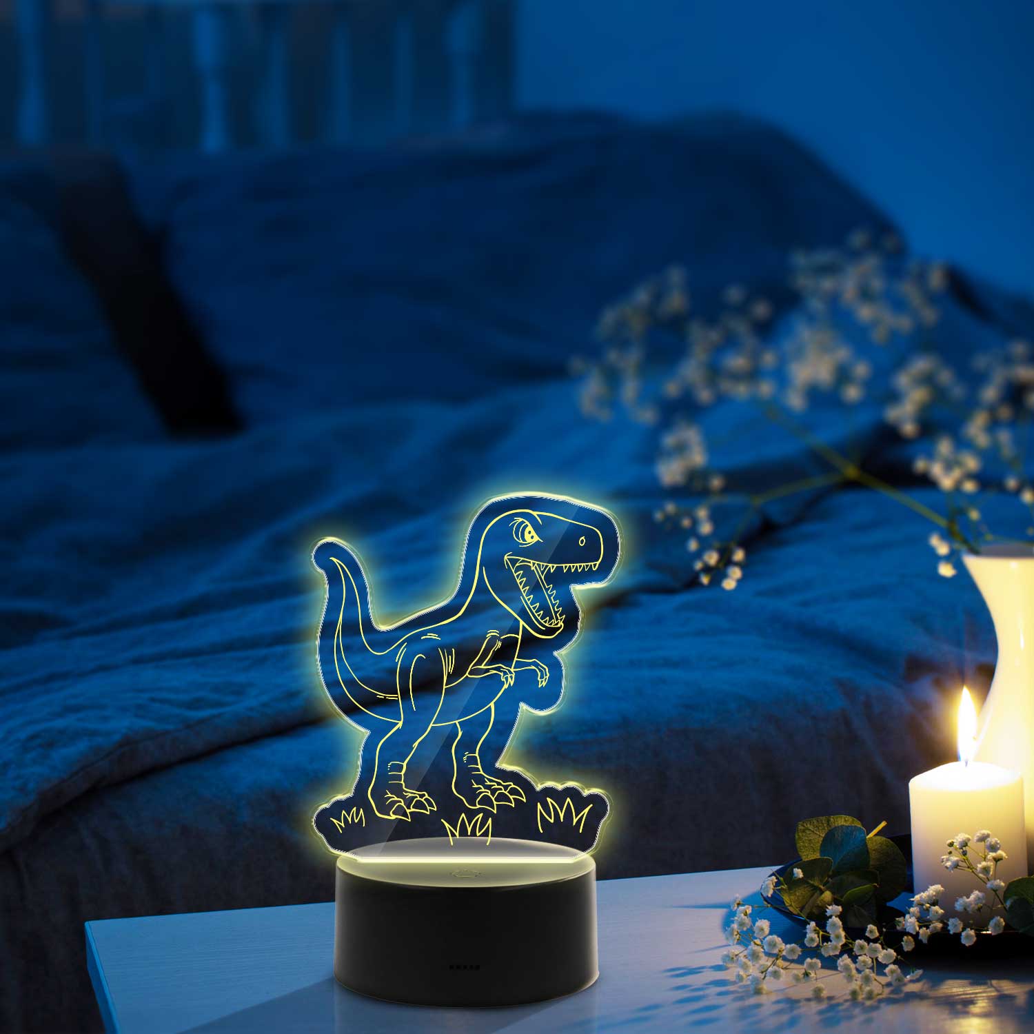 Graviertes Acrylglas im T-Rex Design mit LED-Sockel