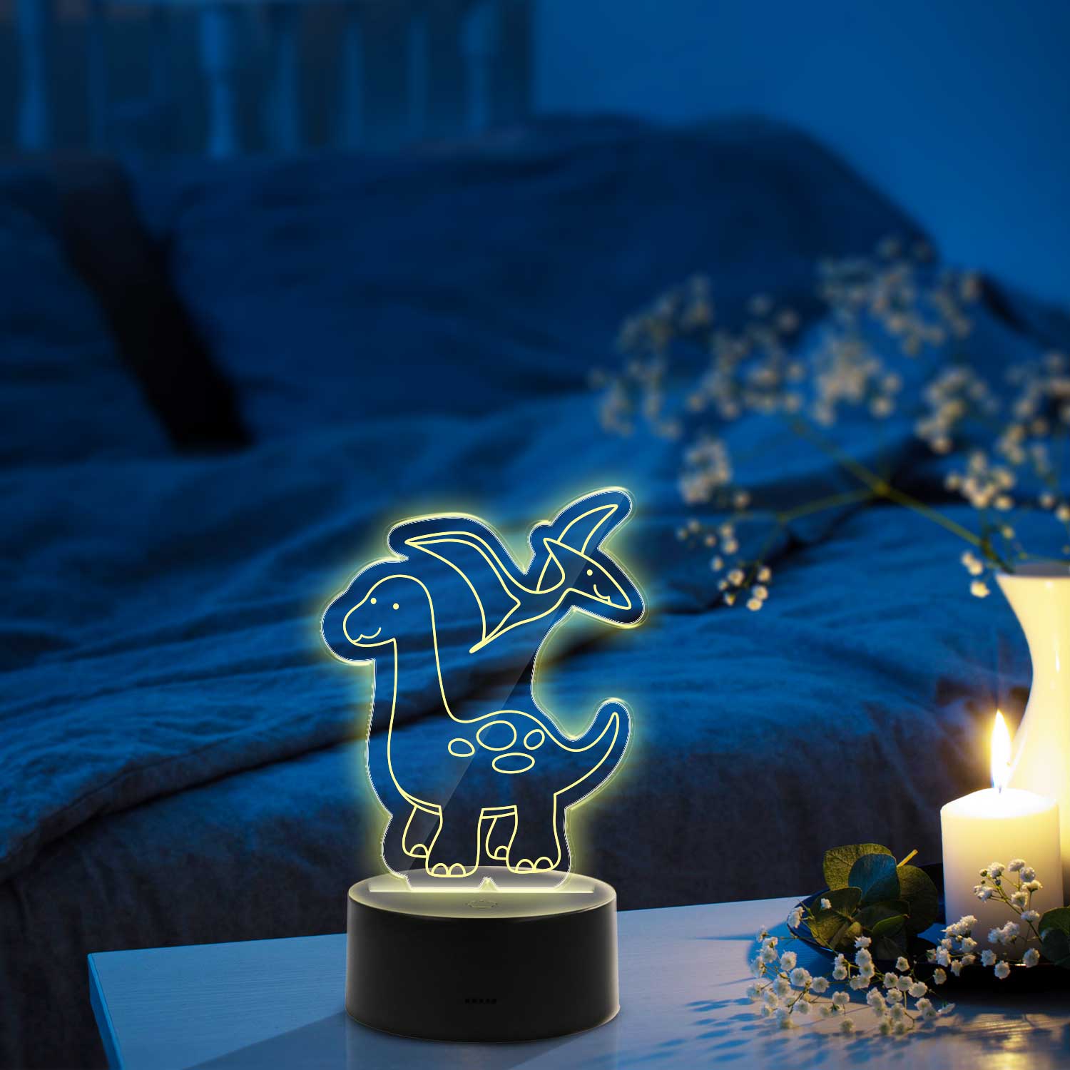Graviertes Acrylglas im Dinosaurier Design mit LED-Sockel