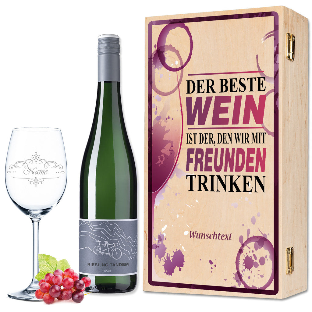 Leonardo Weinglas "Der beste Wein nur mit Freunden 2.0" inkl. bedruckter Holzkiste + Riesling Tandem