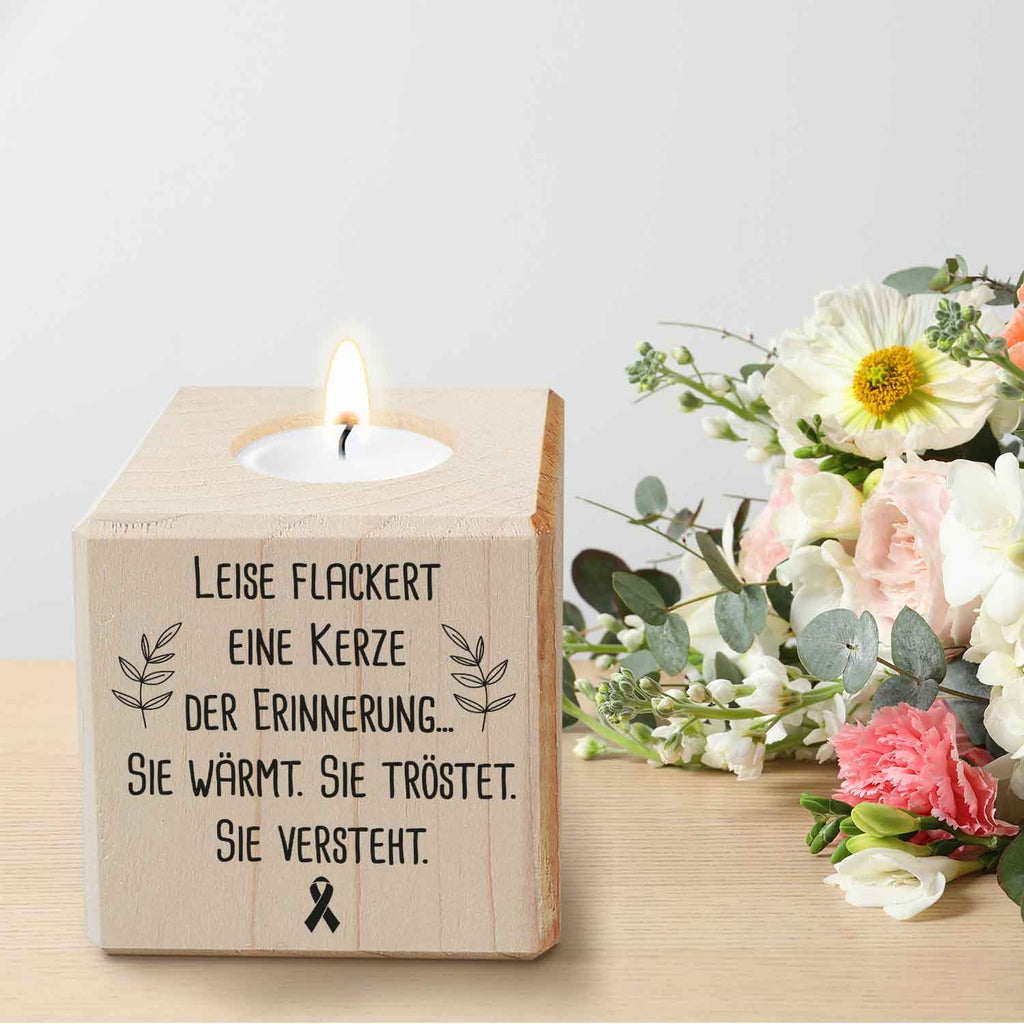 Trauerlicht - Teelichthalter mit Gravur aus Holz - Grabschmuck
