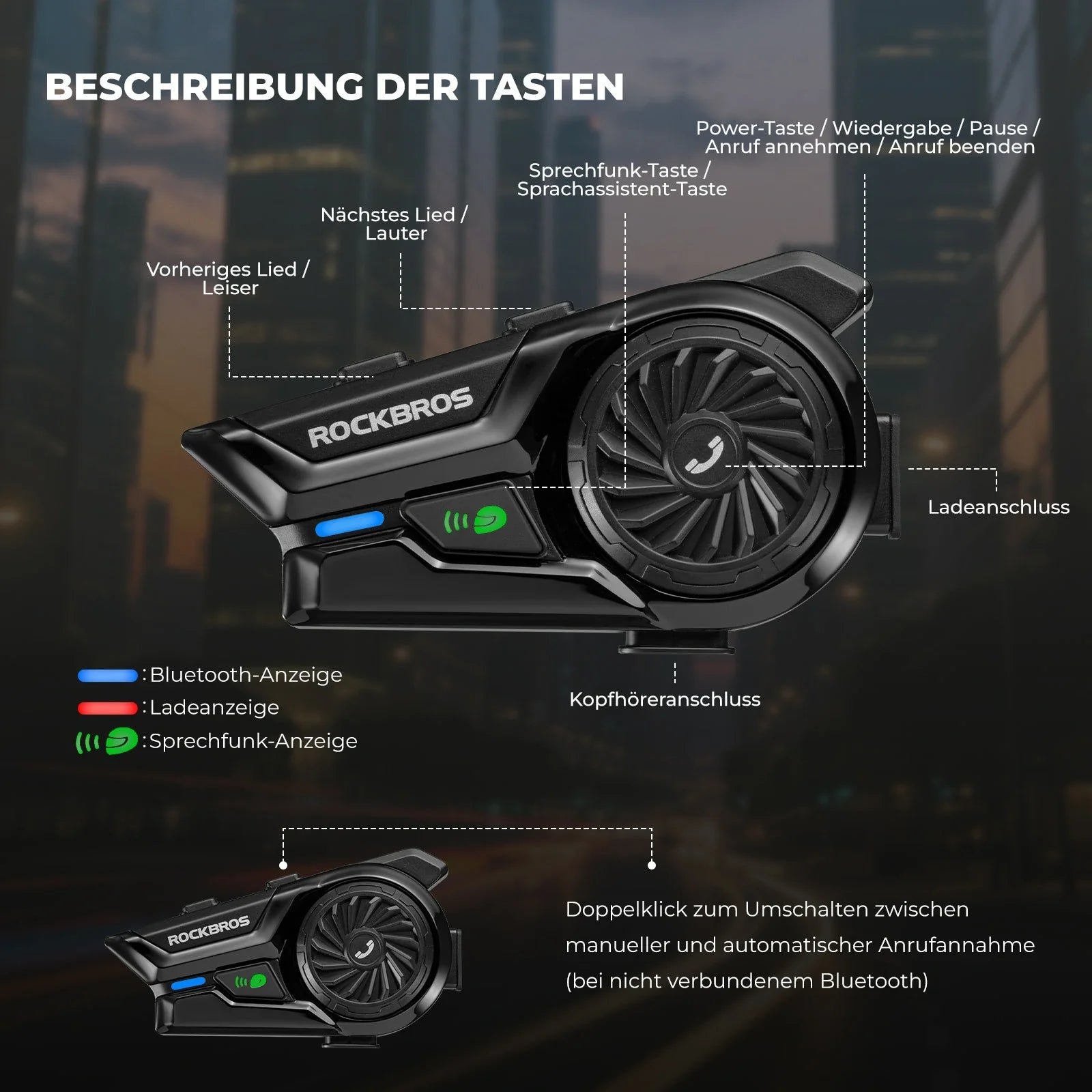 Motorrad Intercom Bluetooth Headsets mit Gegensprechanlagen 300m, IP56 Wasserdicht Staubdicht