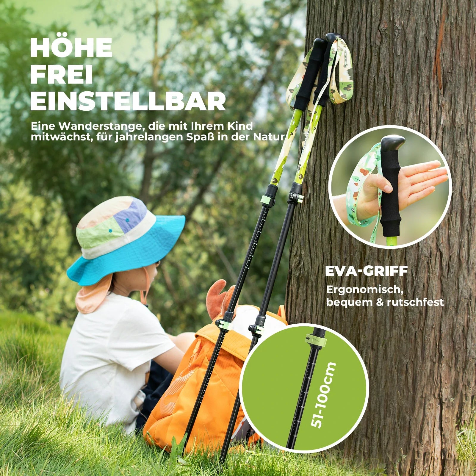 Qunature Wanderstöcke Kinder, 51–100 cm verstellbar Trekkingstöcke, Aluminium 1 Stück