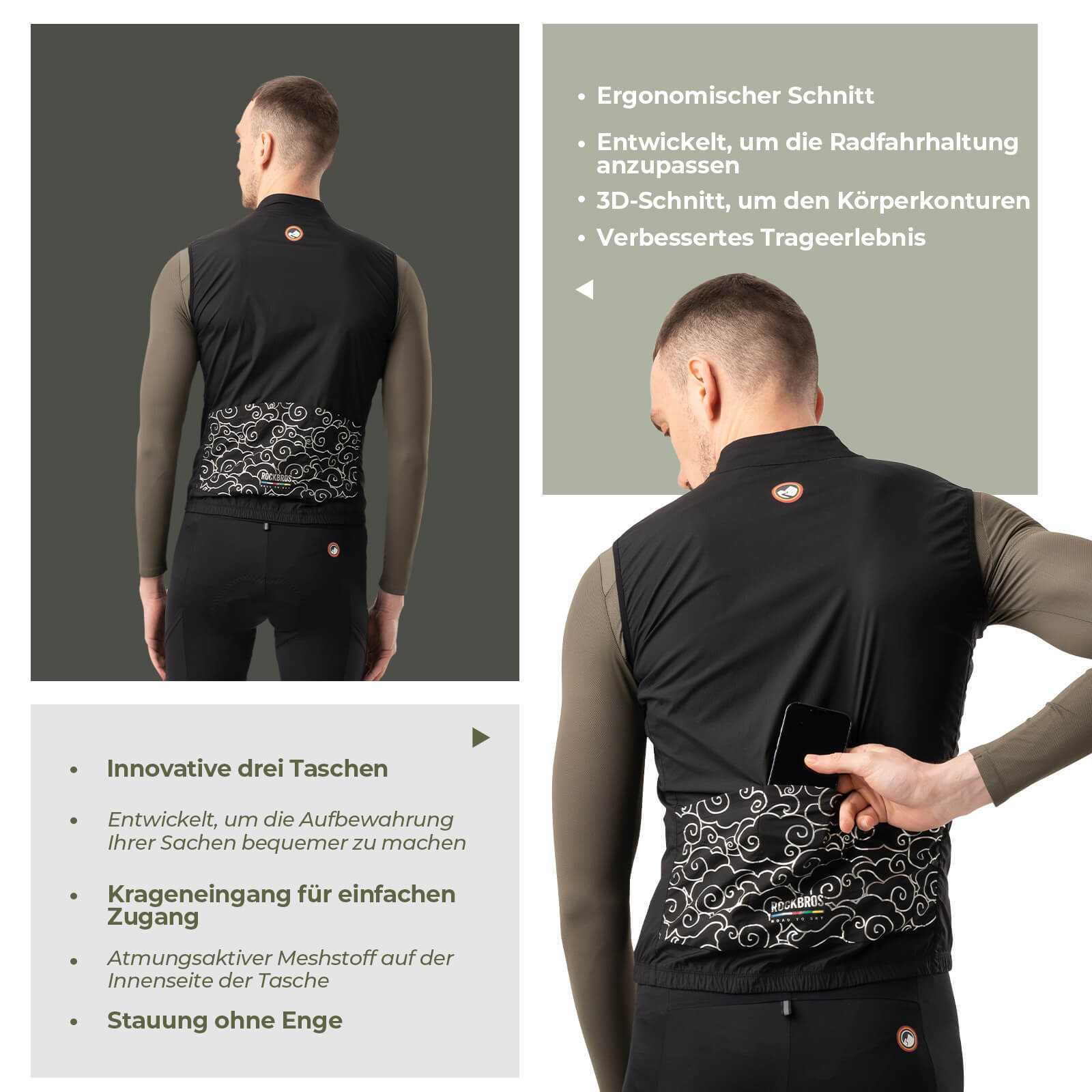 ROAD TO SKY Herren Fahrrad Ärmellos Weste Winddichte Fahrradjacke