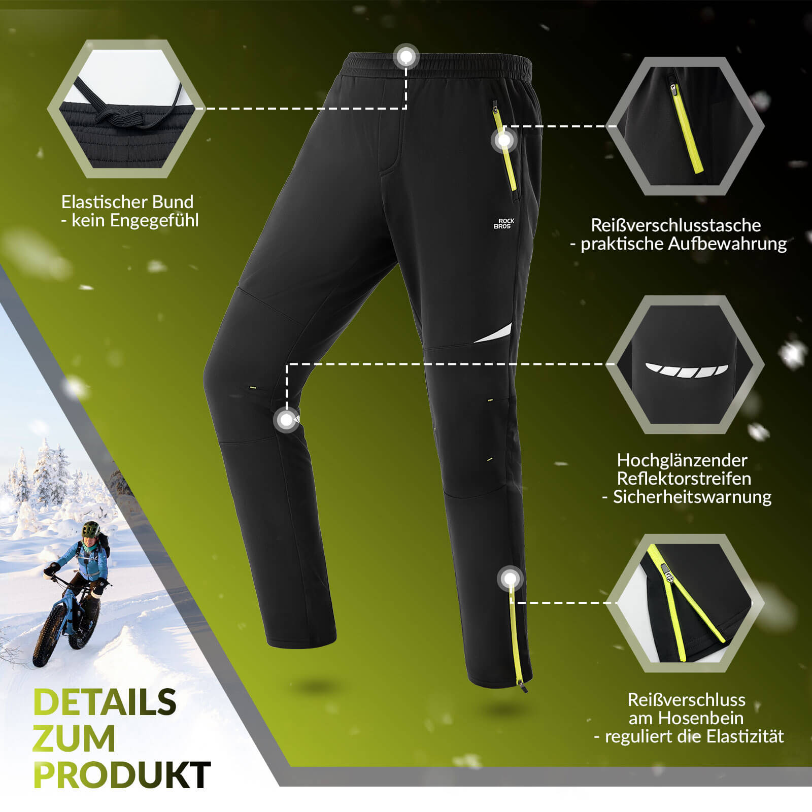 ROCKBROS Herren Fahrradhose Winddicht und Warm für Winter Outdoor-Sport