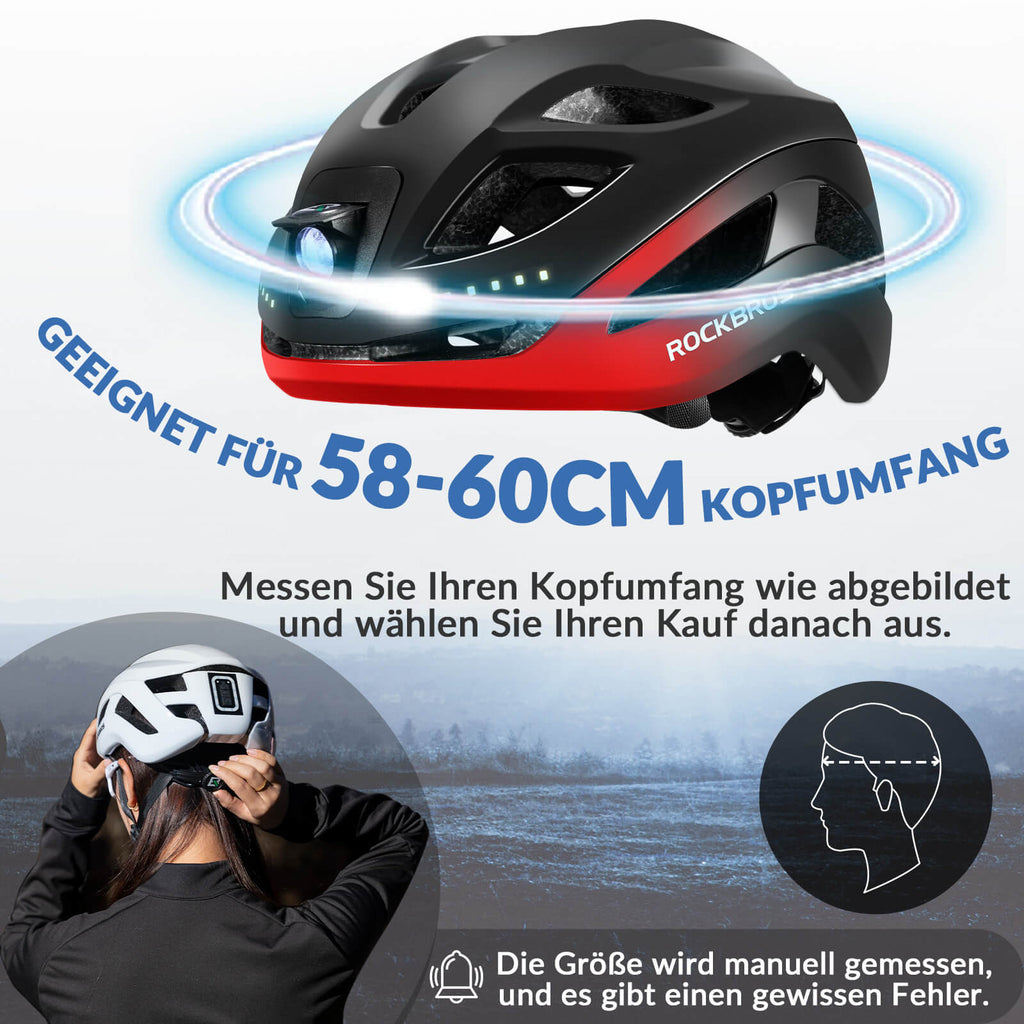 ROCKBROS Fahrradhelm mit Licht, mit USB 1800 mAh Atmungsaktiv 58-60 cm