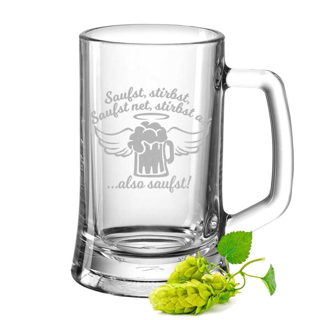 Montana Bierkrug mit Gravur "Saufst, stirbst, saufst net, stirbst a"