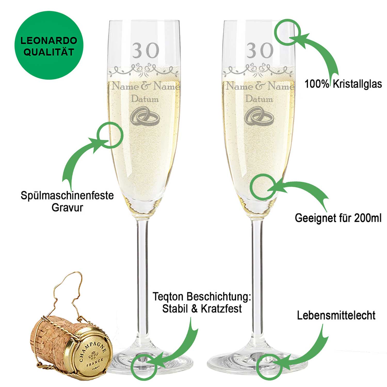Leonardo Sektgläser mit Gravur "Perlenhochzeit - 30 Jahre"