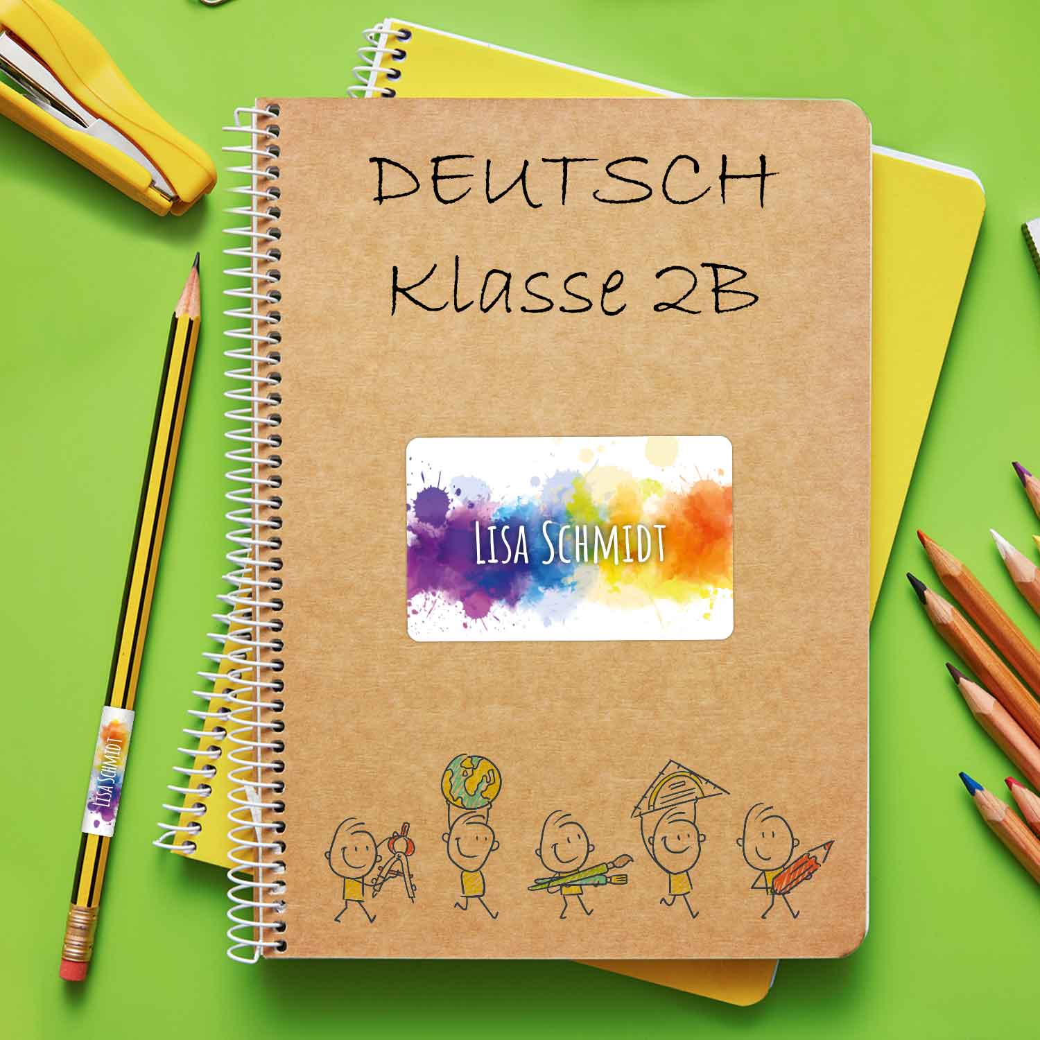 Schuletiketten mit Namen - Color Splash Design - 100 Aufkleber in verschiedenen Größen