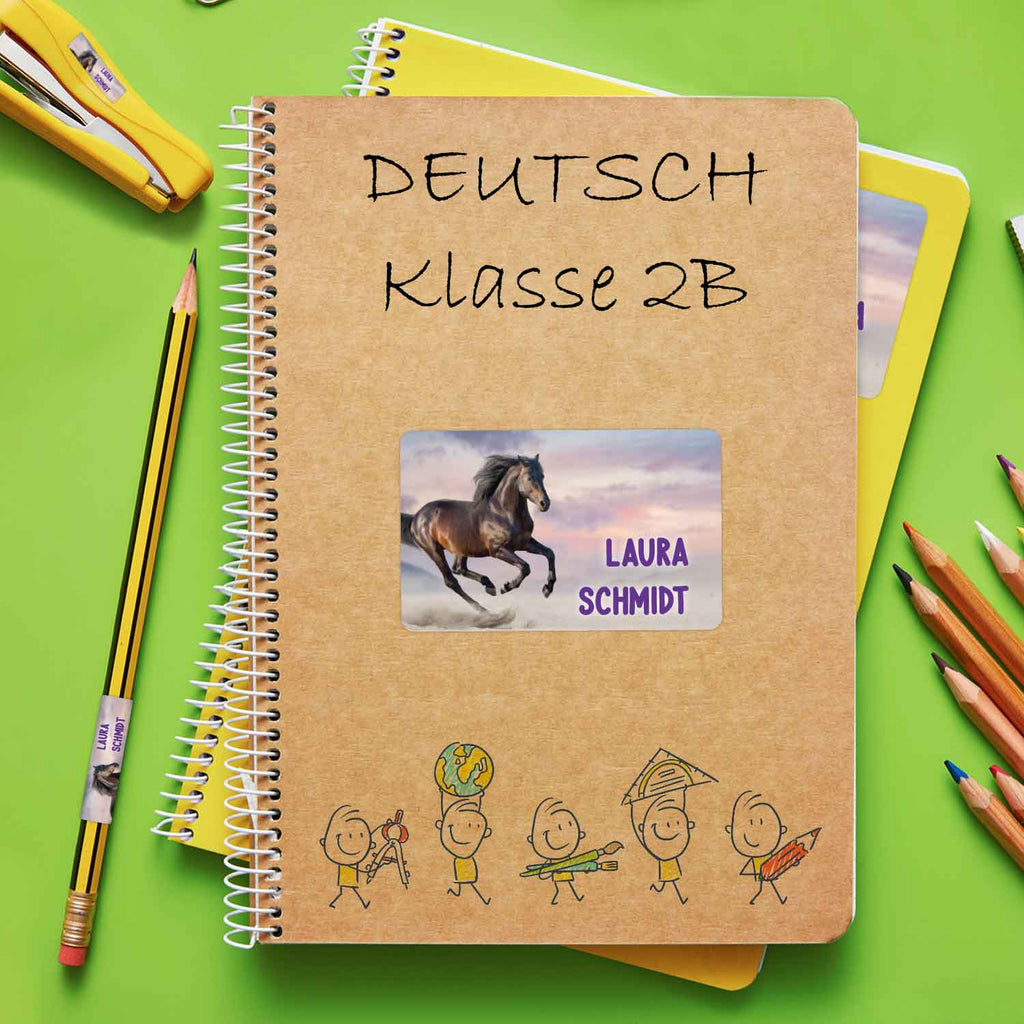 Schuletiketten mit Namen - Pferd Design - 100 Aufkleber in verschiedenen Größen
