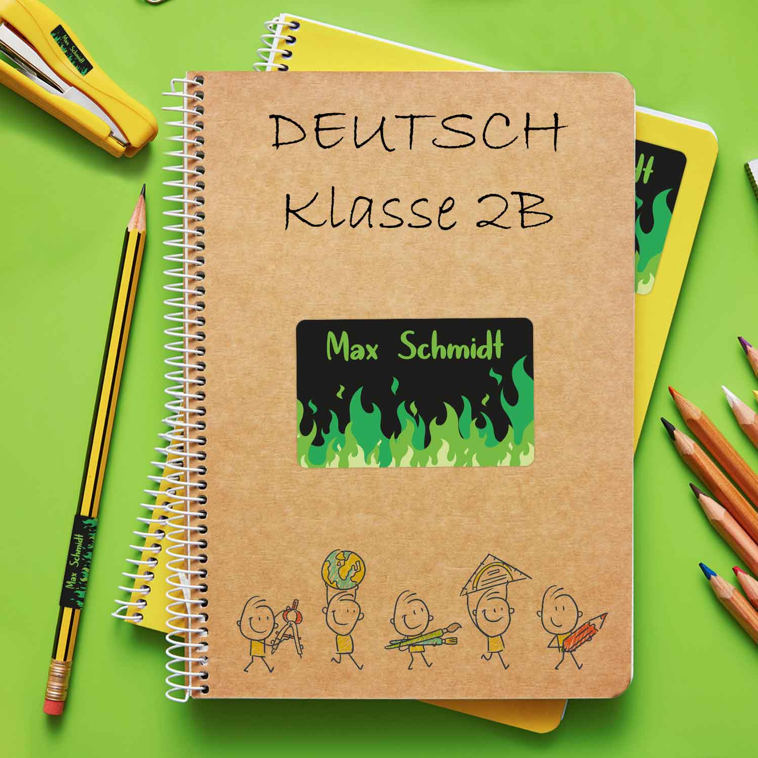 Schuletiketten mit Namen - Flammen Design - 100 Aufkleber in verschiedenen Größen
