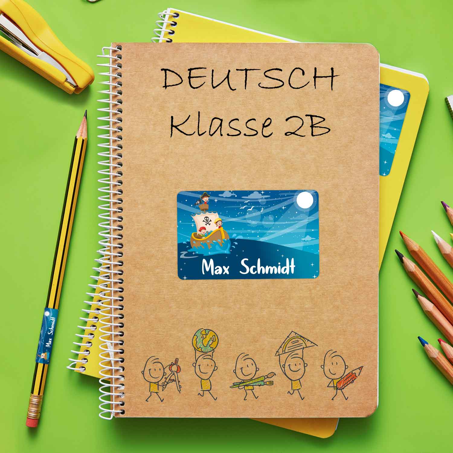 Schuletiketten mit Namen - Piraten Design - 100 Aufkleber in verschiedenen Größen