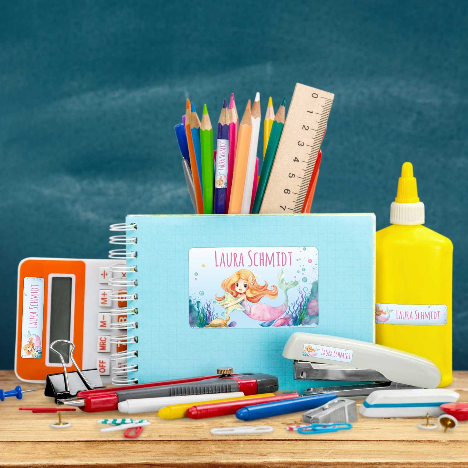 Schuletiketten mit Namen - Meerjungfrau V2 Design - 100 Aufkleber in verschiedenen Größen