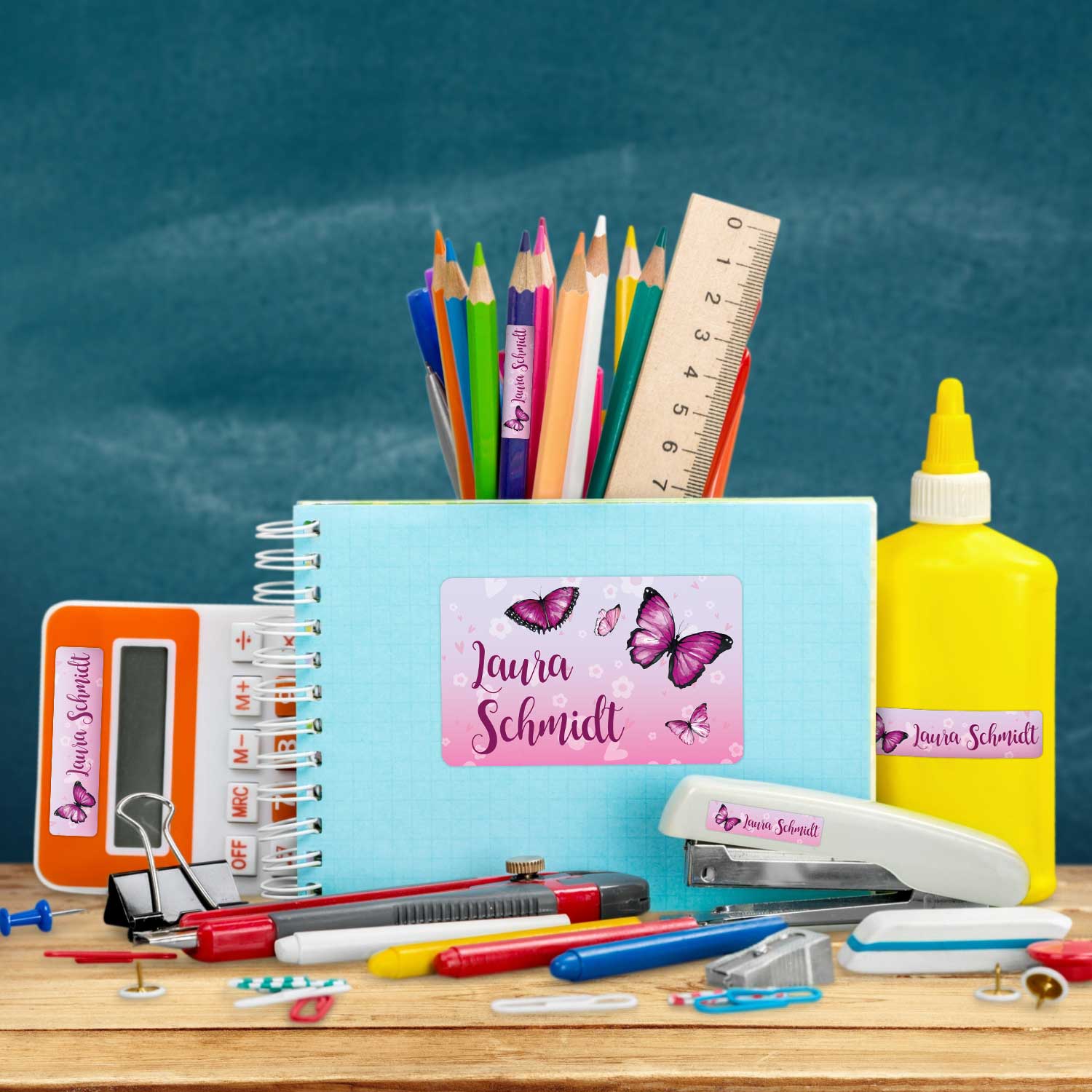 Schuletiketten mit Namen - Schmetterling Design - 100 Aufkleber in verschiedenen Größen
