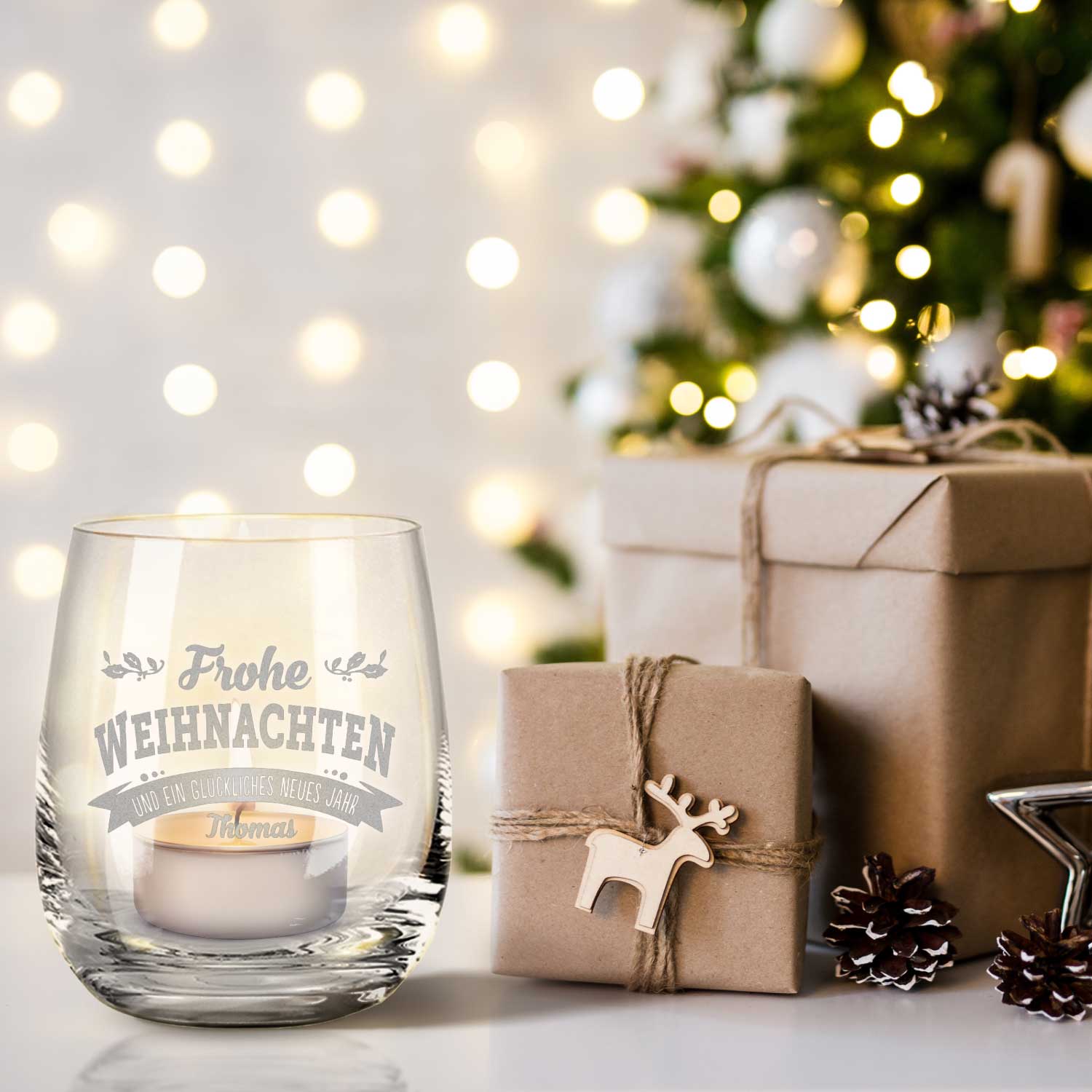Teelicht mit Gravur - Frohe Weihnachten, Glückliches neues Jahr - Personalisiert mit Name