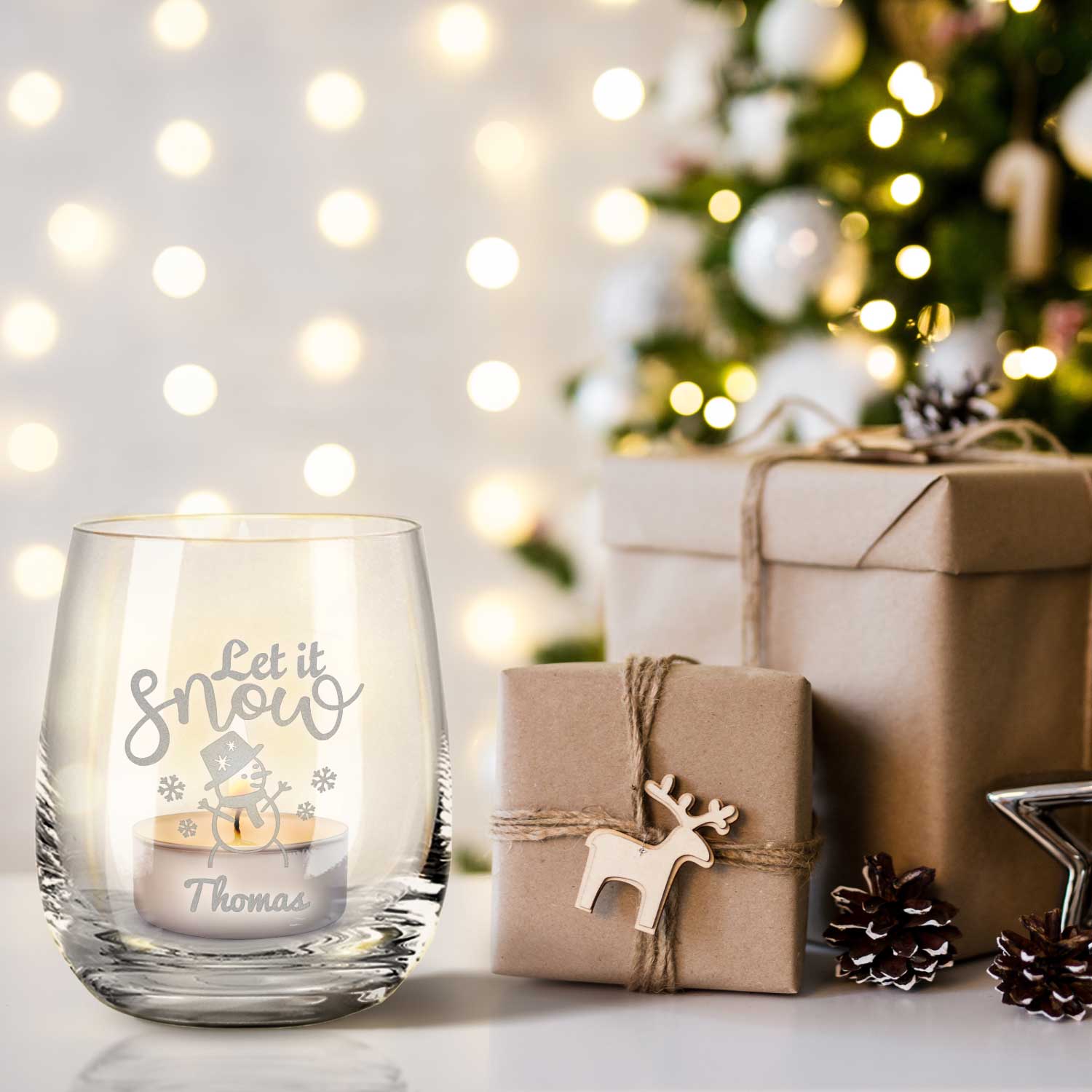 Teelicht mit Gravur - Weihnachtsdeko - Let it snow - Personalisiert mit Name