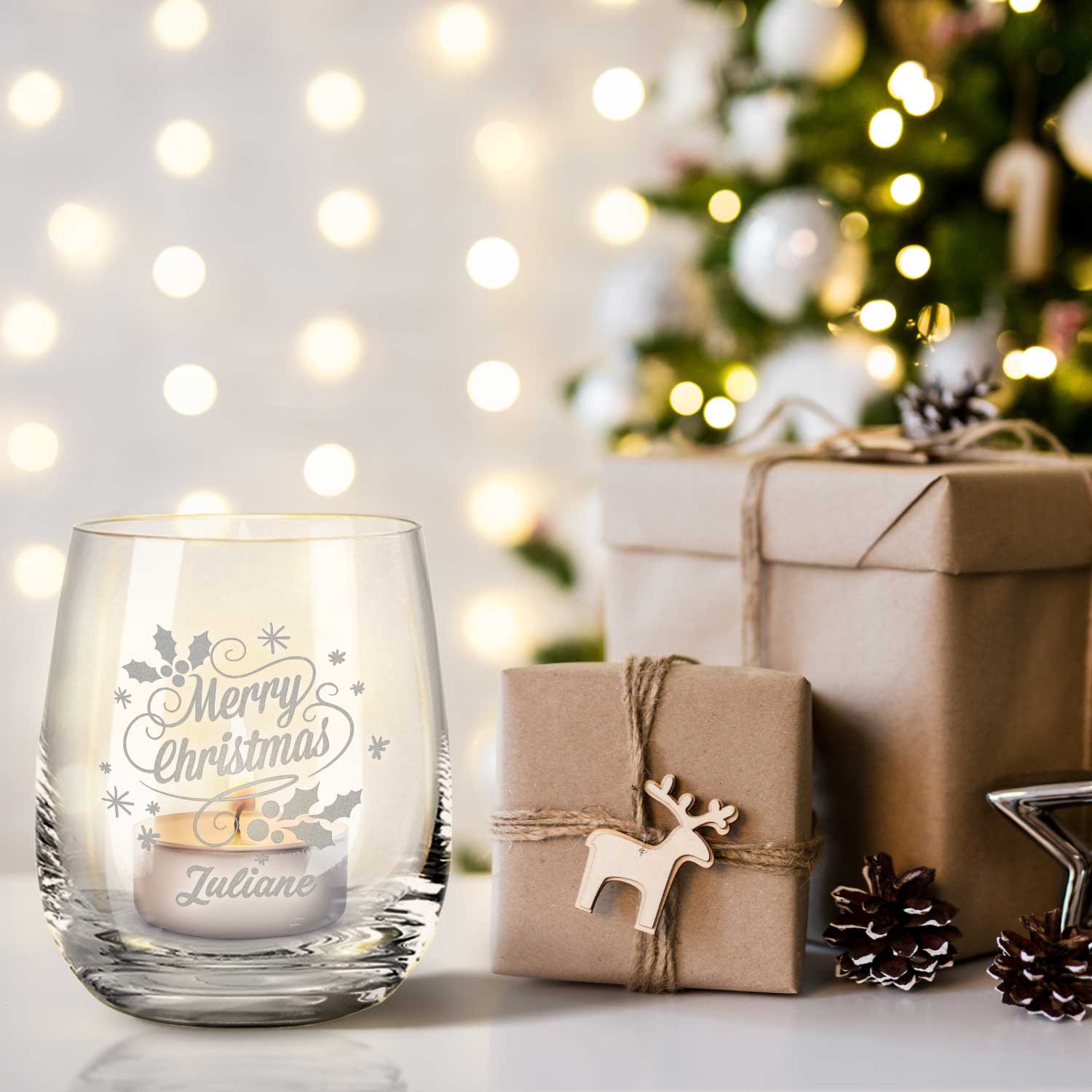 Teelicht mit Gravur - Weihnachtsdeko - Merry Christmas Swirls - Personalisiert mit Name