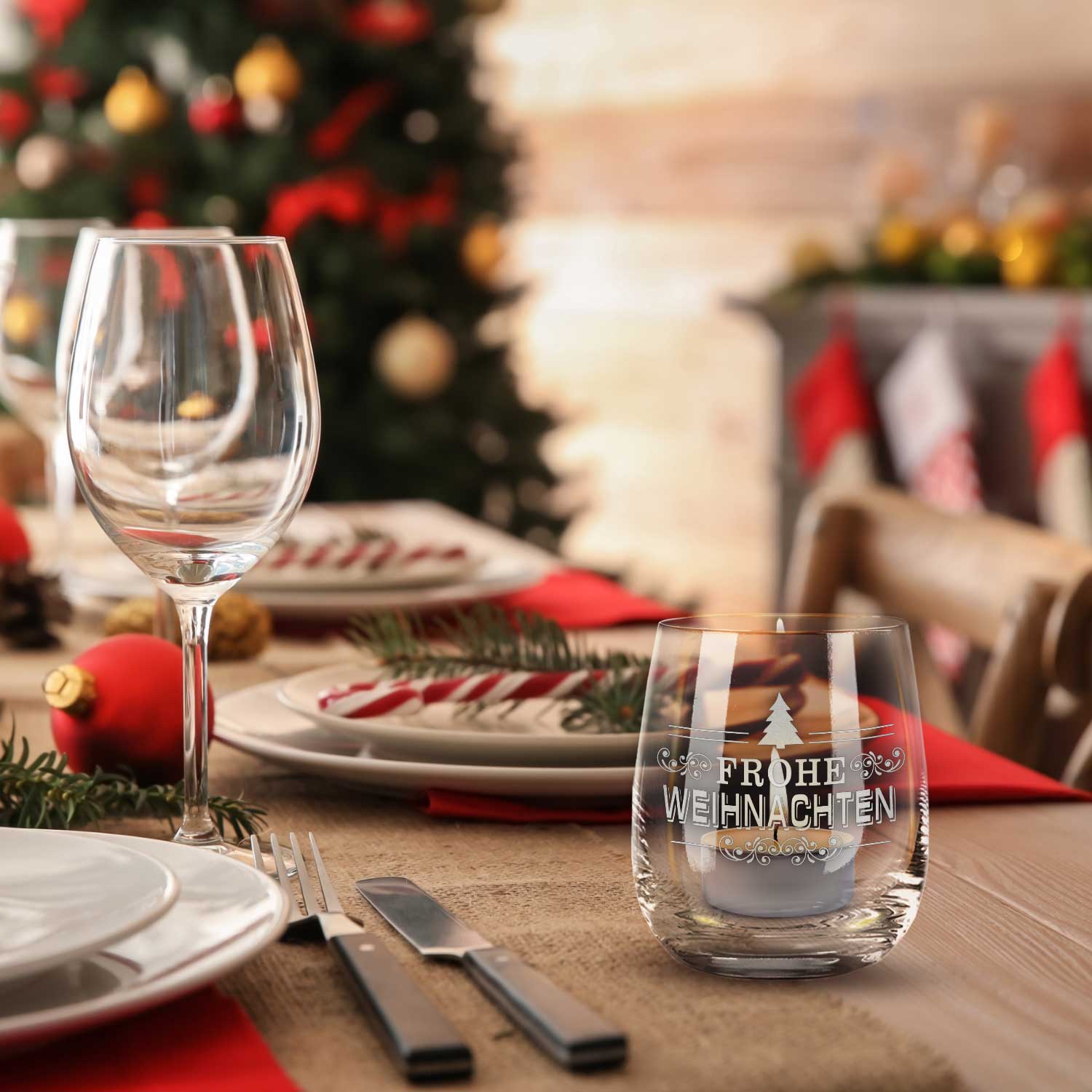 Teelicht mit Gravur - Weihnachtsdeko - Frohe Weihnachten Vintage V2