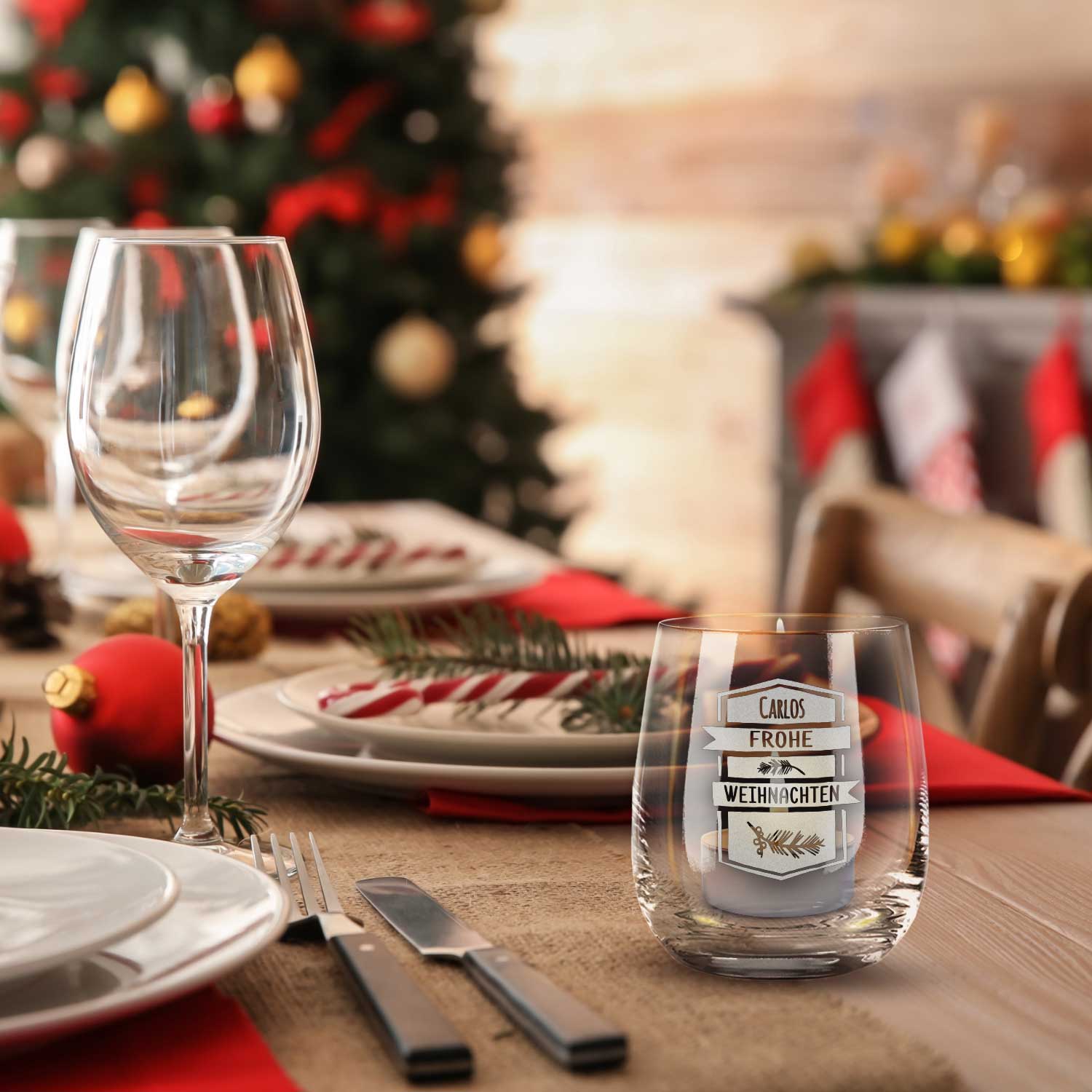 Teelicht mit Gravur - Weihnachtsdeko - Frohe Weihnachten Ast - Personalisiert mit Name