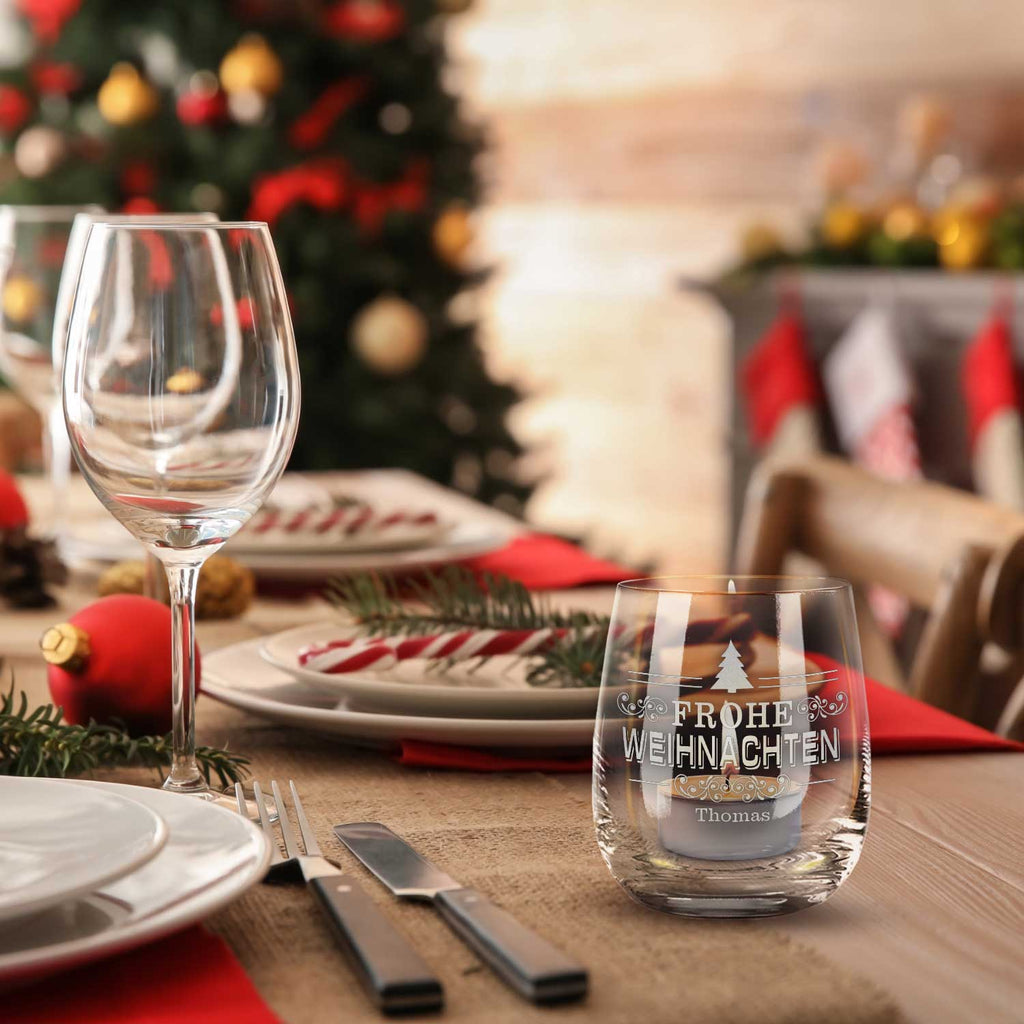 Teelicht mit Gravur - Weihnachtsdeko - Frohe Weihnachten Vintage V2 - Personalisiert mit Name