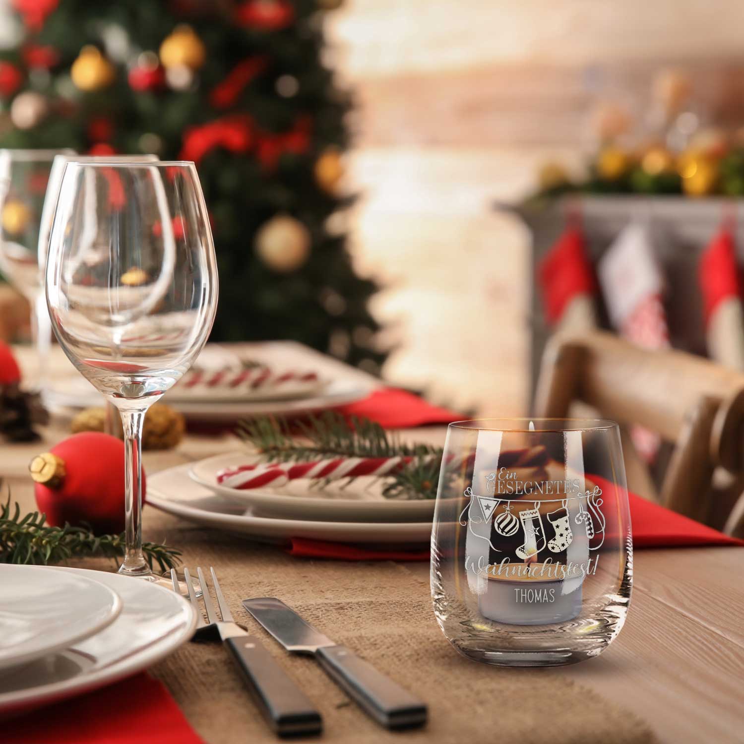 Teelicht mit Gravur - Weihnachtsdeko - Ein gesegnetes Weihnachtsfest - Personalisiert mit Name