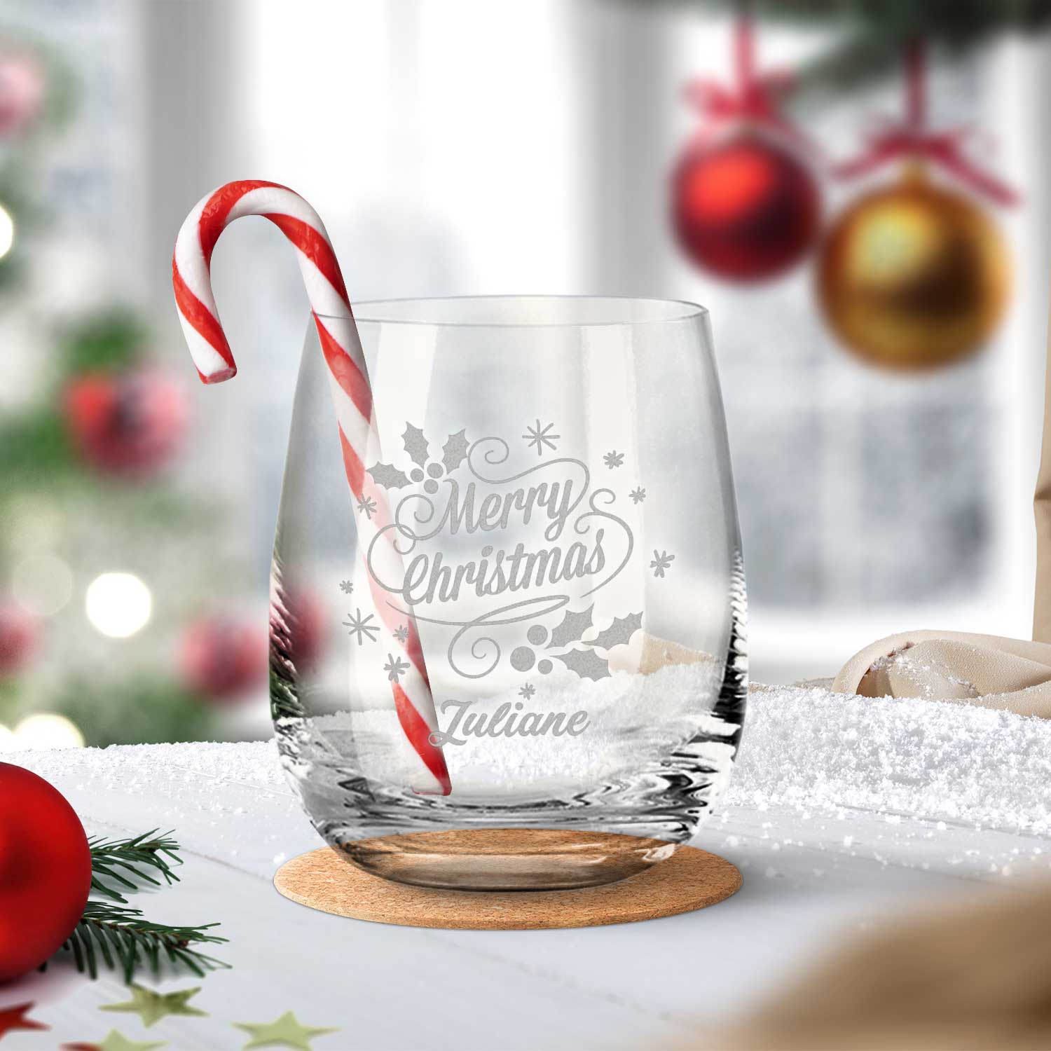 Teelicht mit Gravur - Weihnachtsdeko - Merry Christmas Swirls - Personalisiert mit Name