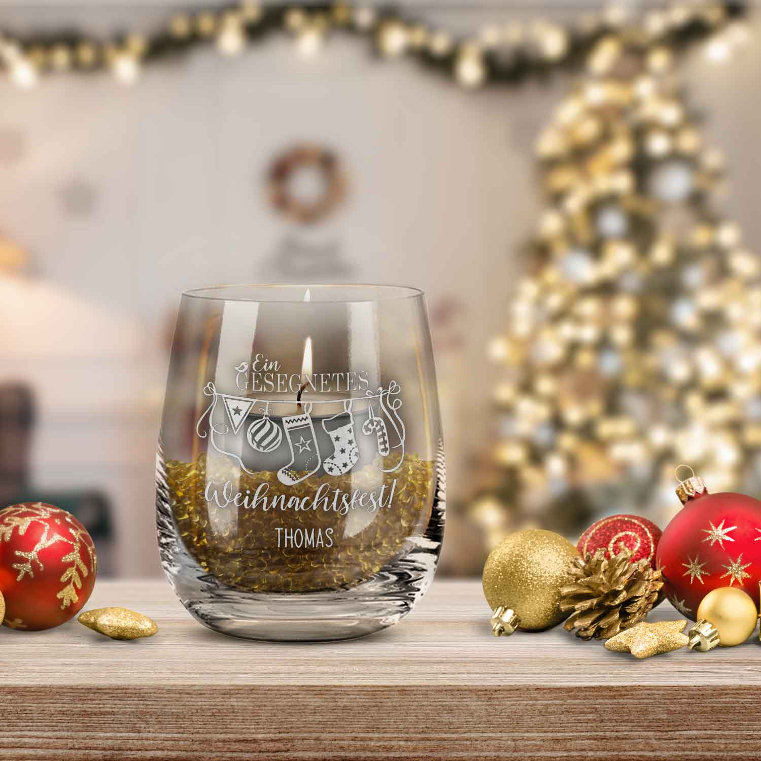 Teelicht mit Gravur - Weihnachtsdeko - Ein gesegnetes Weihnachtsfest - Personalisiert mit Name