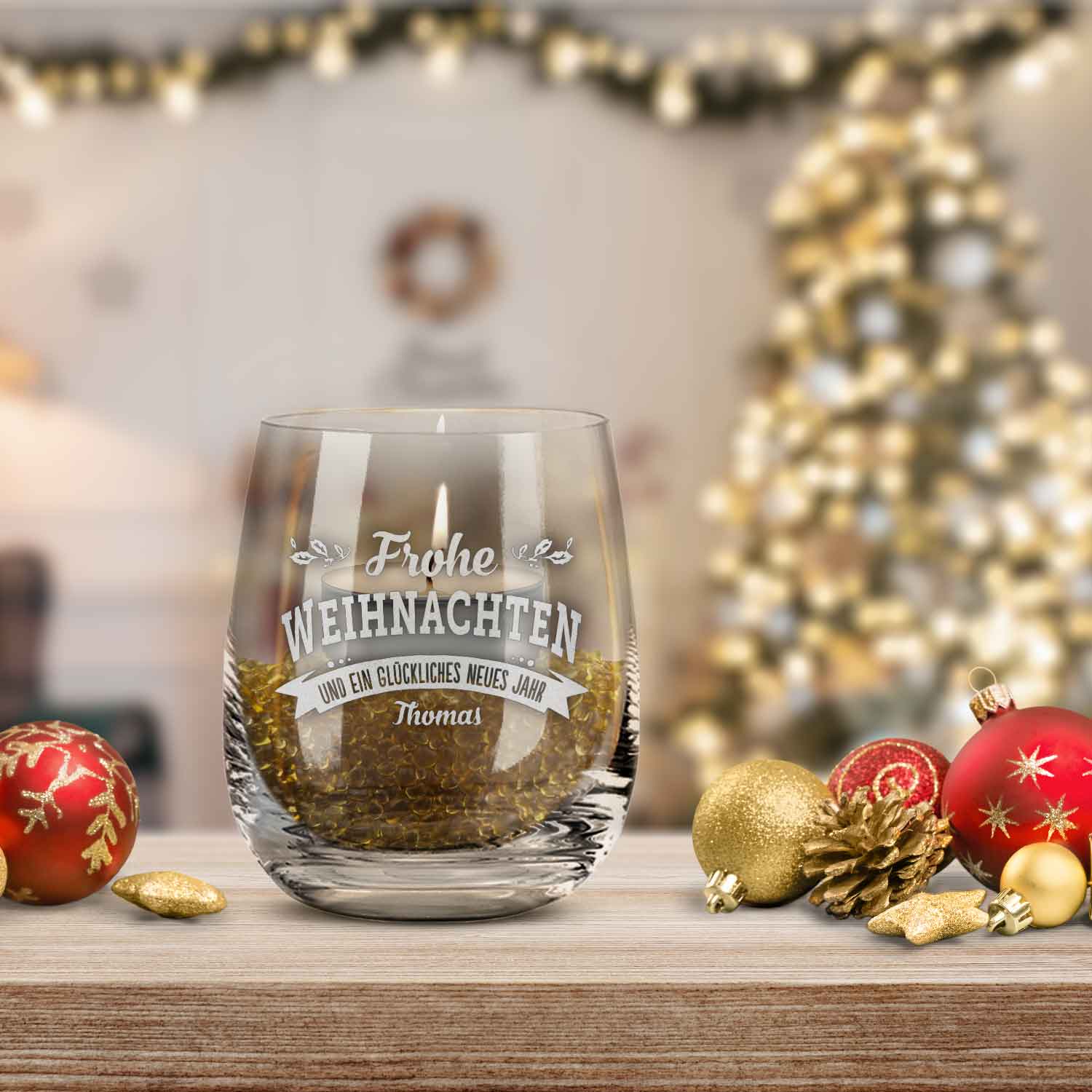 Teelicht mit Gravur - Frohe Weihnachten, Glückliches neues Jahr - Personalisiert mit Name