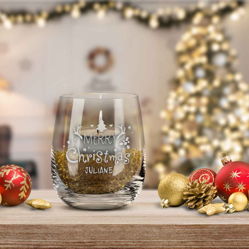 Teelicht mit Gravur - Weihnachtsdeko - Merry Christmas - Personalisiert mit Name